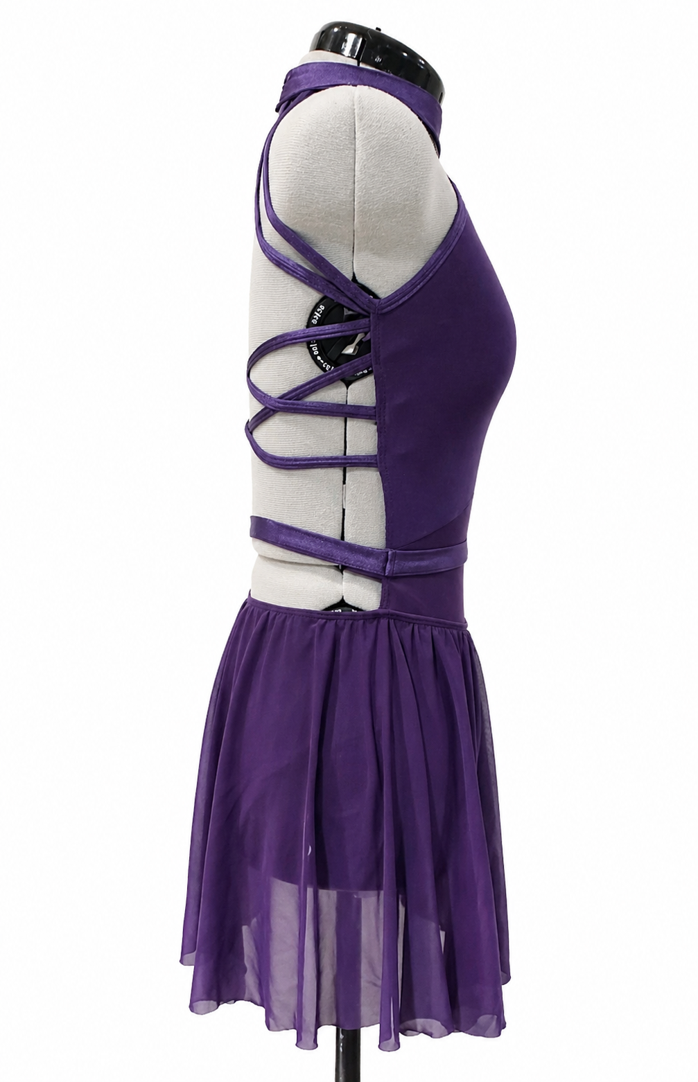 Maggie Base dance costume right side view showing contemporary styling and elegant draped movement.