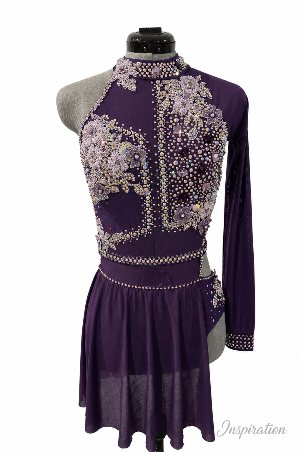 Maggie Base competition costume detail showing rhinestone embellishment inspiration and stage-ready styling.