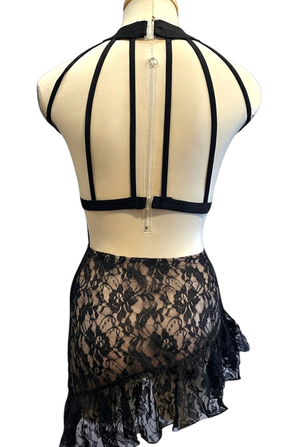Back view of Demi Base lace dance costume with halter neckline
