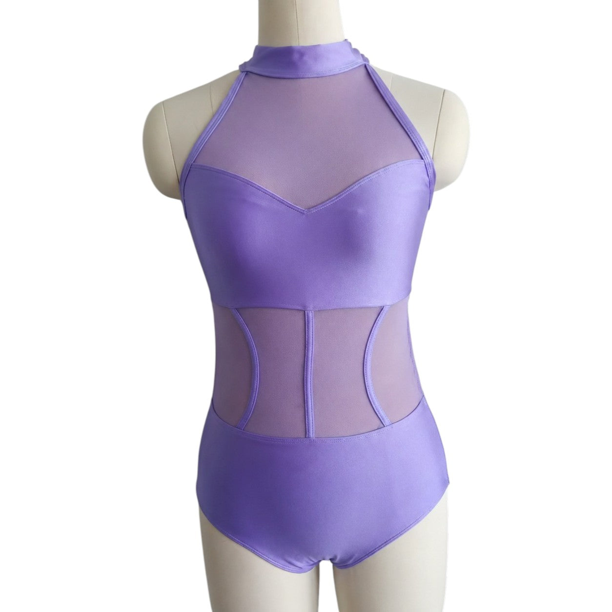 Shanna Base Studio Collection dance costume base in purple featuring a halter neckline, illusion mesh bodice, sculpted mesh waist panels, and a sleek performance silhouette.