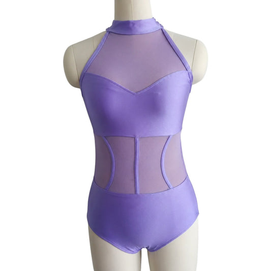 Shanna Base Studio Collection dance costume base in purple featuring a halter neckline, illusion mesh bodice, sculpted mesh waist panels, and a sleek performance silhouette.