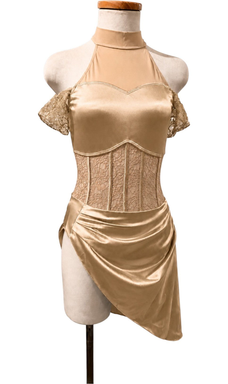 Gwendolyn Signature dance costume base in Gold satin and lace, front view with off-shoulder accents and draped asymmetrical skirt.