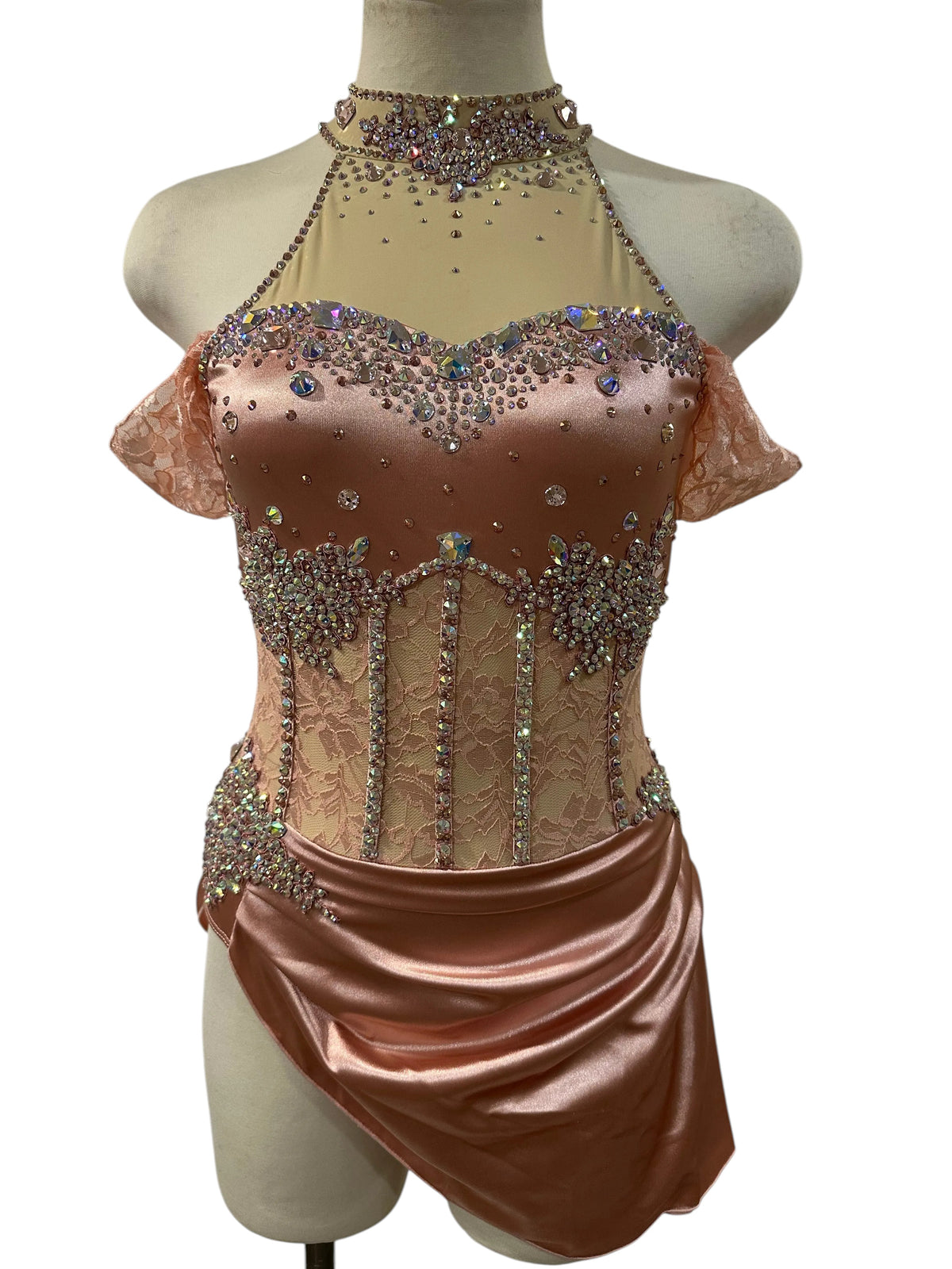 Gwendolyn Ready-to-Ship Powder Rose dance costume front view with satin, floral lace, illusion neckline and crystal embellishments
