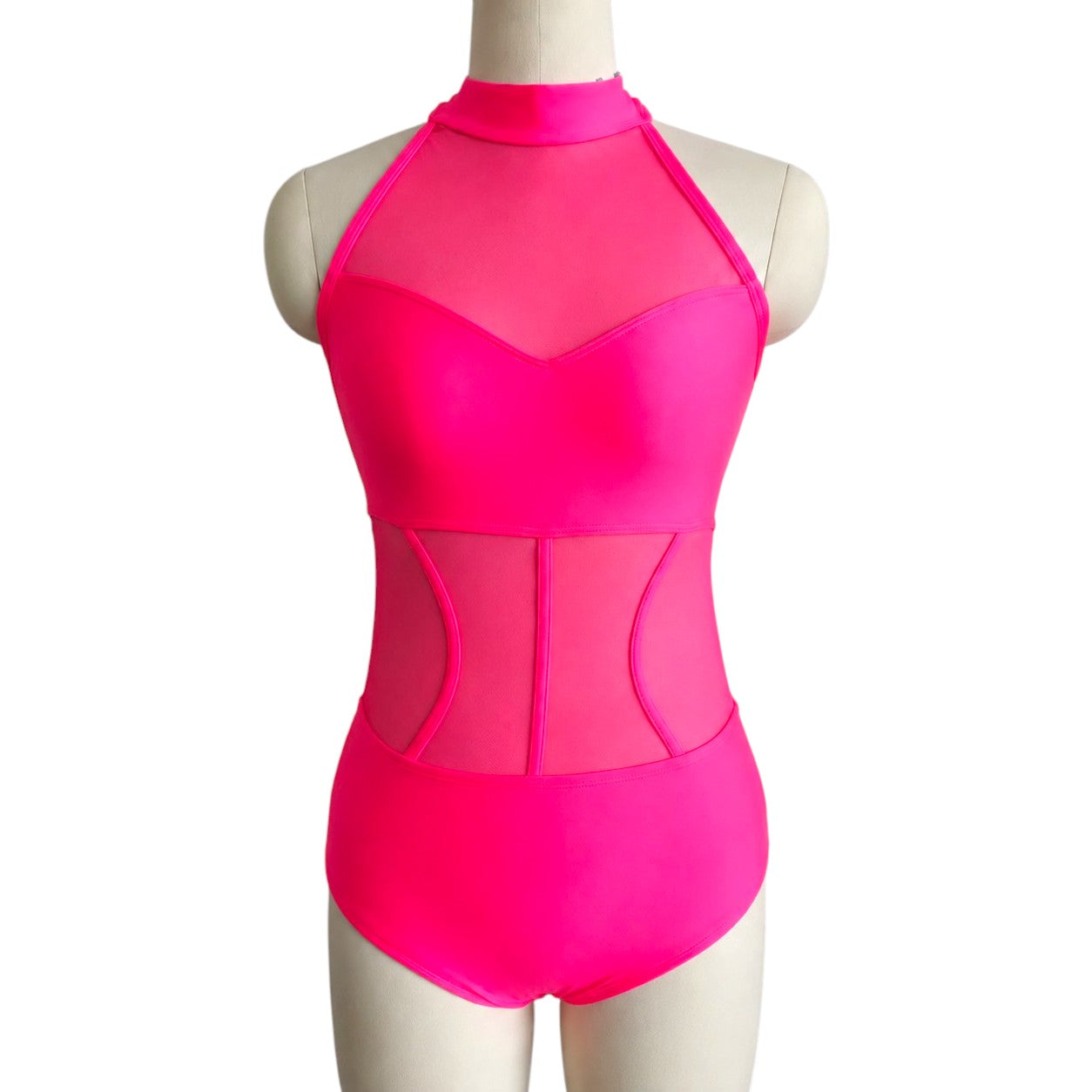 Shanna Base Studio Collection dance costume base in hot pink featuring a halter neckline, illusion mesh bodice, and sculpted mesh waist panels.