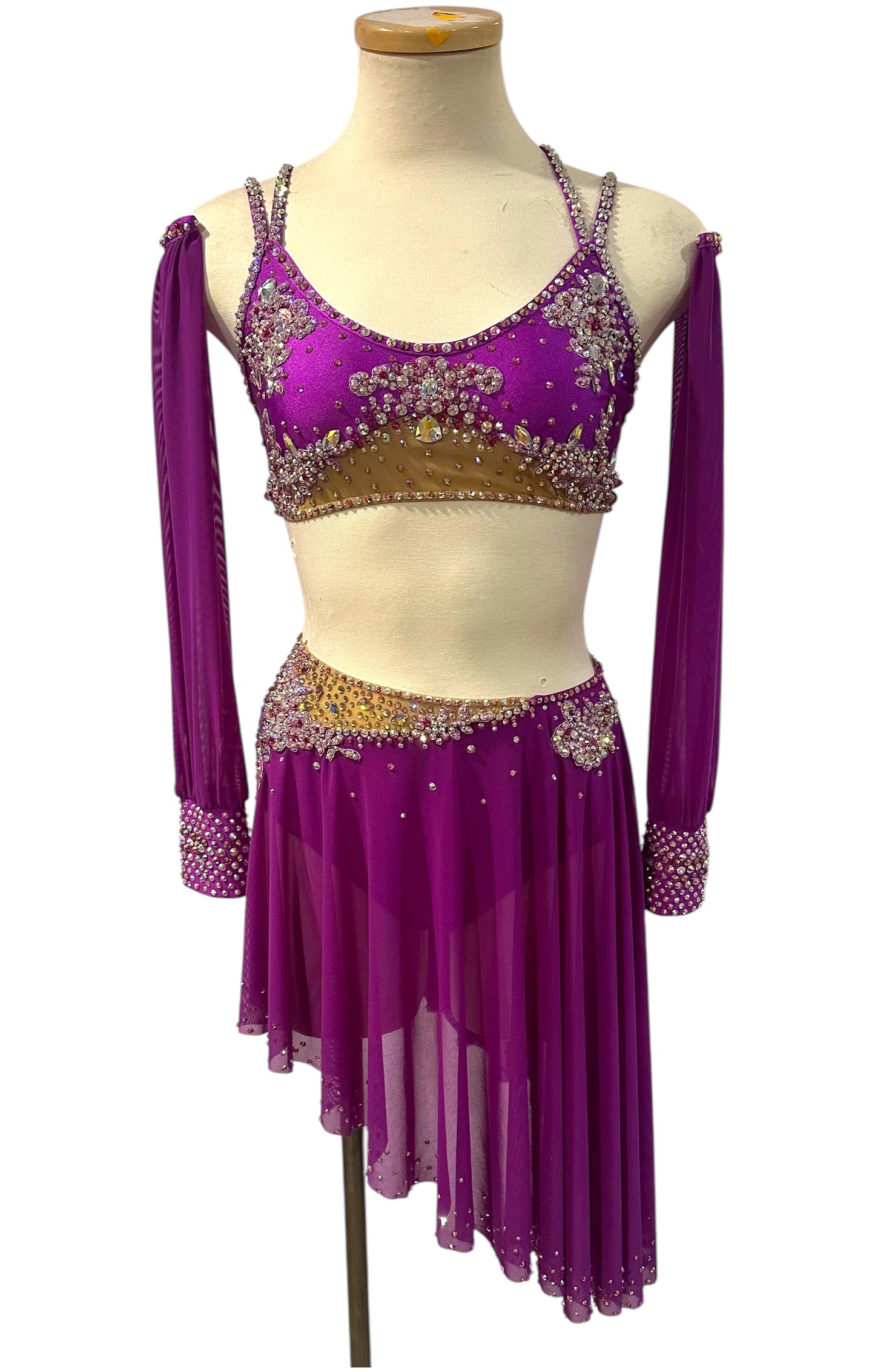 Fuchsia rhinestone two-piece dance costume with asymmetrical mesh skirt front view.