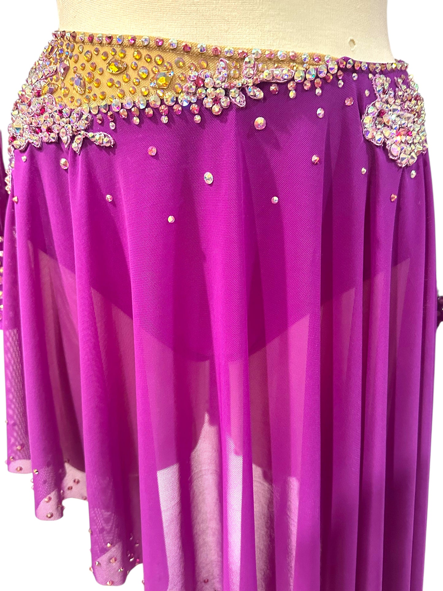 Detailed back view of the asymmetrical fuchsia mesh skirt with crystal embellished waistband.