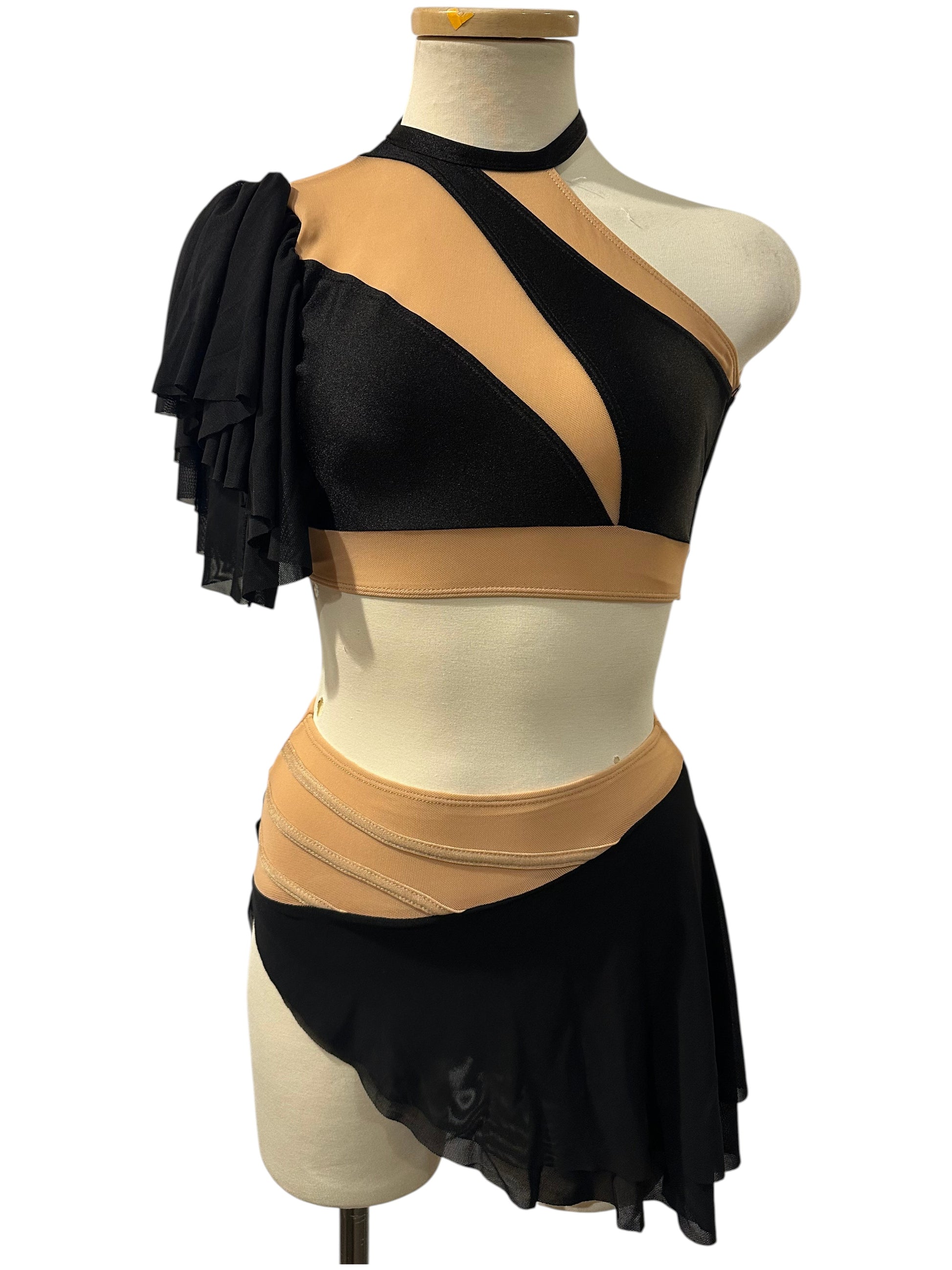 Scarlett Base competition dance costume in black with asymmetrical mesh draping and cutout details