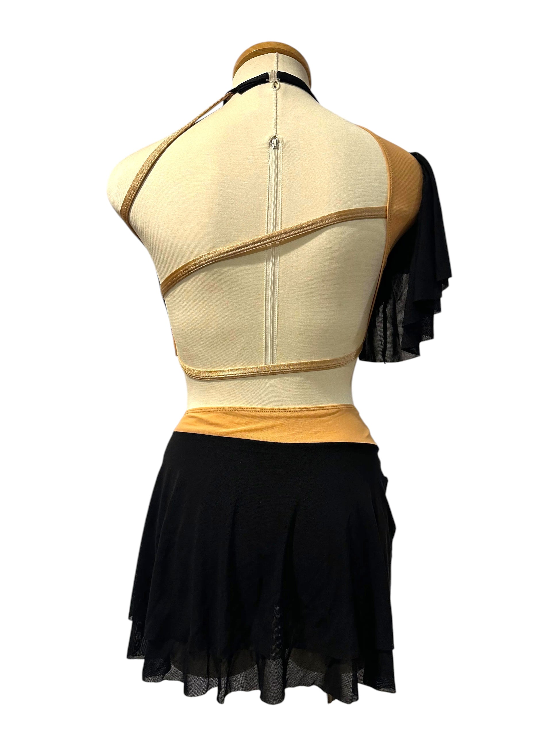 Back view of Scarlett Base dance costume with mesh sleeve and open back design