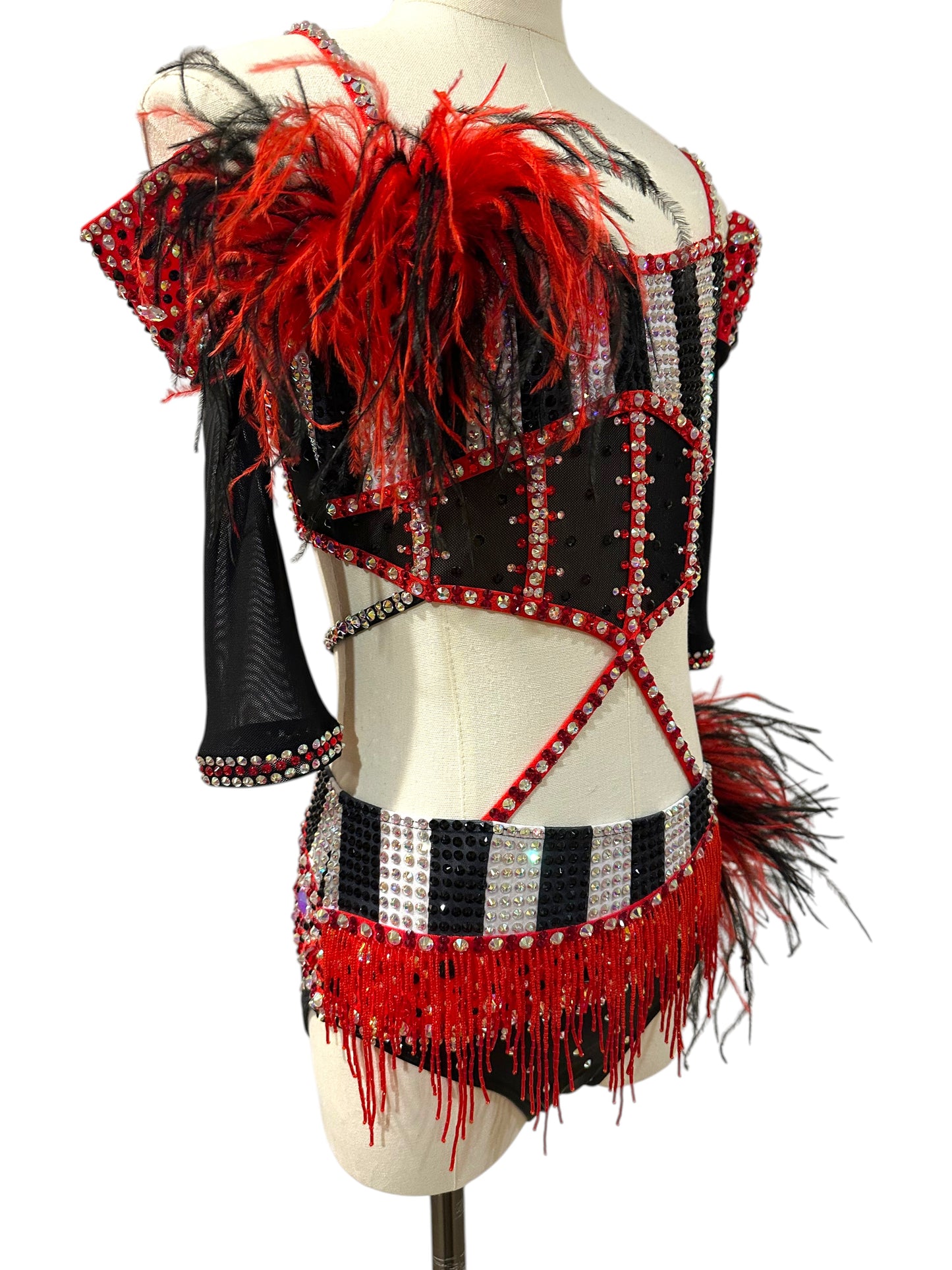 Side view of a ready-to-ship red and black feather competition dance costume featuring rhinestone embellishments, sheer mesh sleeve, and layered beaded fringe.
