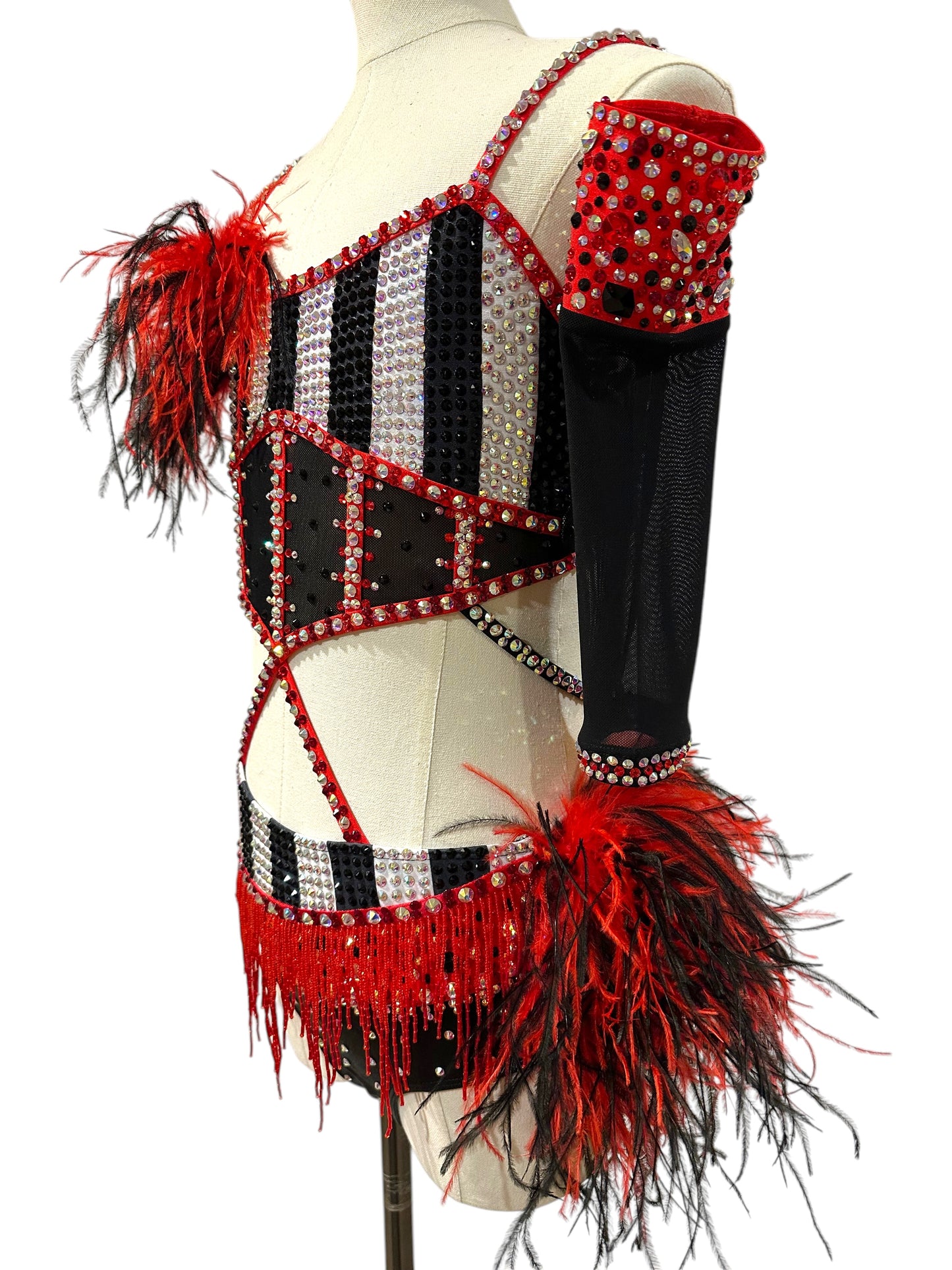 Angled front view of a red, black and white competition dance costume with sparkling rhinestones, dramatic feather accents, striped bodice, and red beaded fringe.