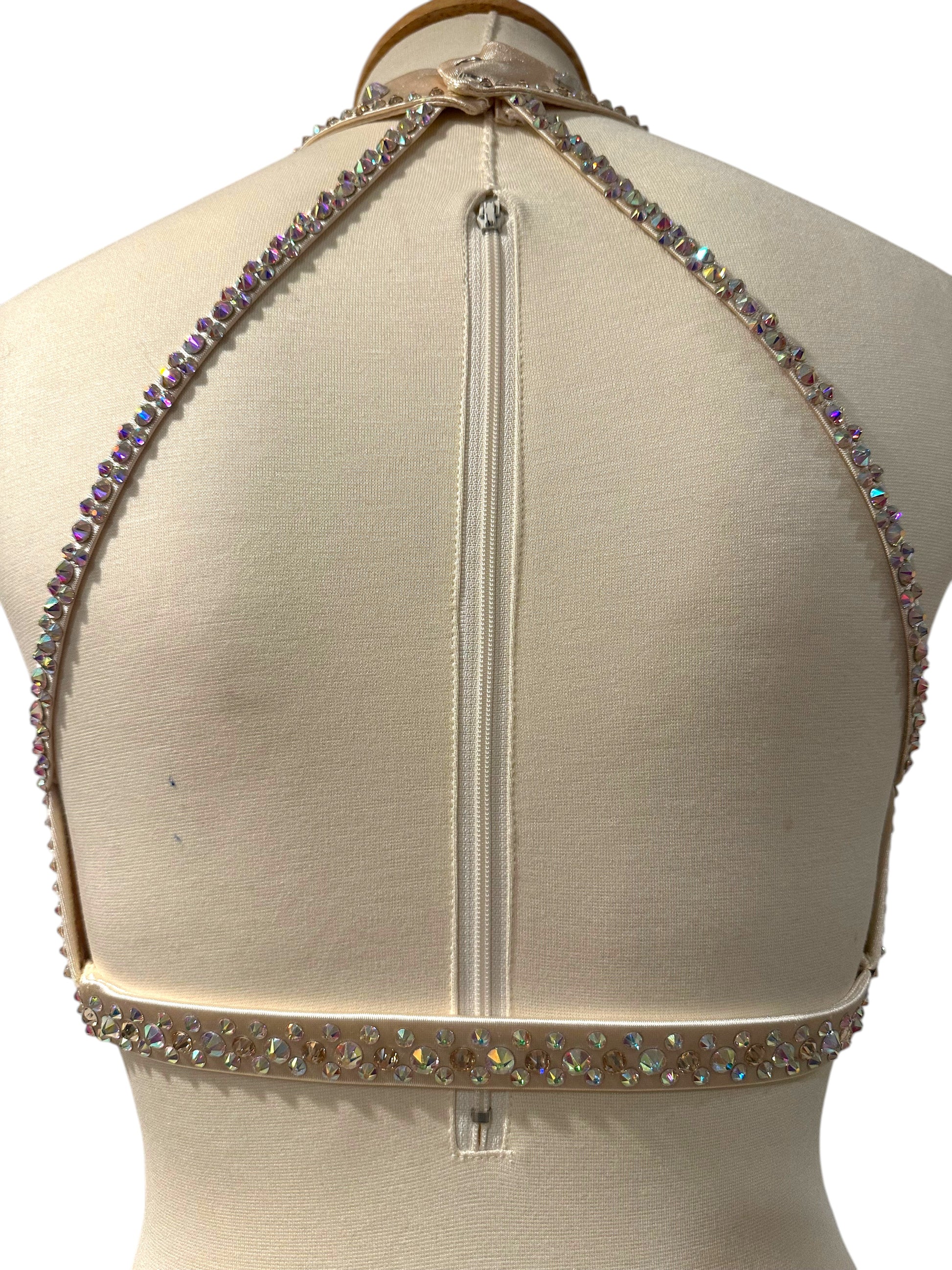 Close-up of the open-back halter design on the Aubrey Ready-to-Ship dance costume featuring rhinestone trim and a secure center zipper closure.
