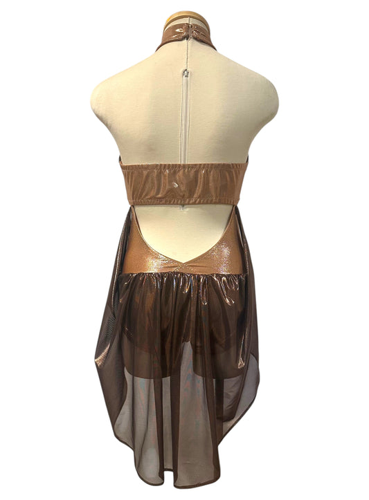 Back view of the Aurora Signature Base featuring metallic copper and brown fabrics with open back and flowing mesh drape.