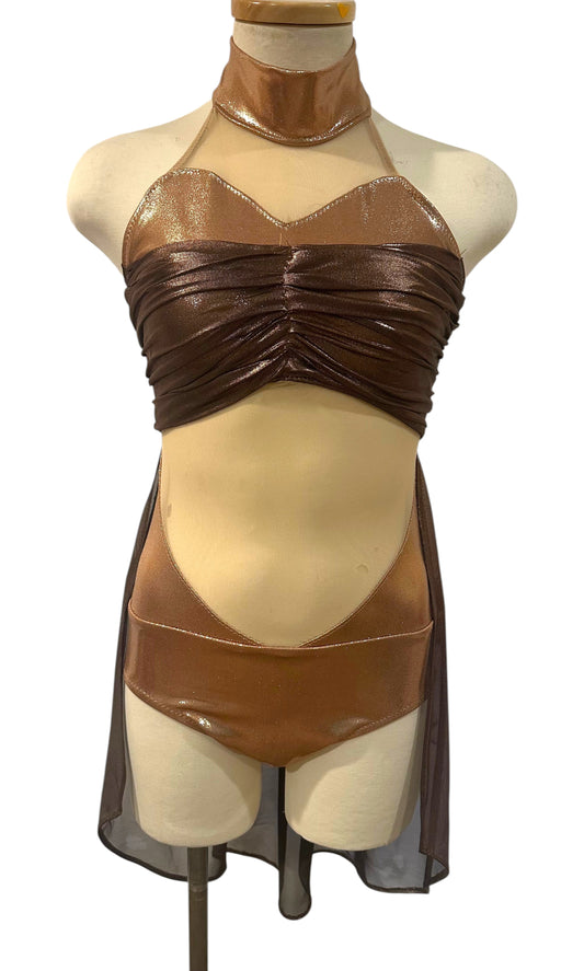 Aurora Signature Base in metallic copper and brown with asymmetrical mesh drape and high neckline front view.