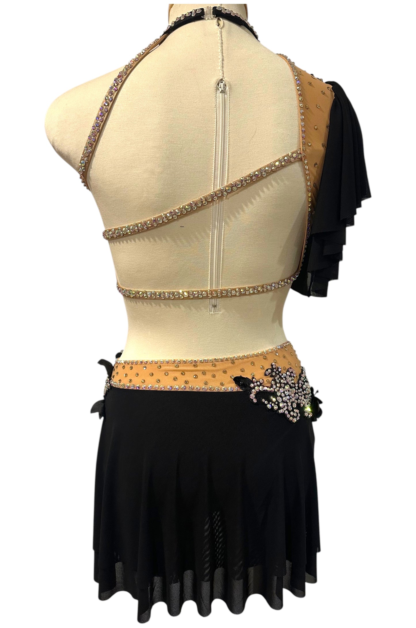 Back view of Scarlett Ready-to-Ship dance costume with open strappy back, crystal trim, and black mesh skirt.