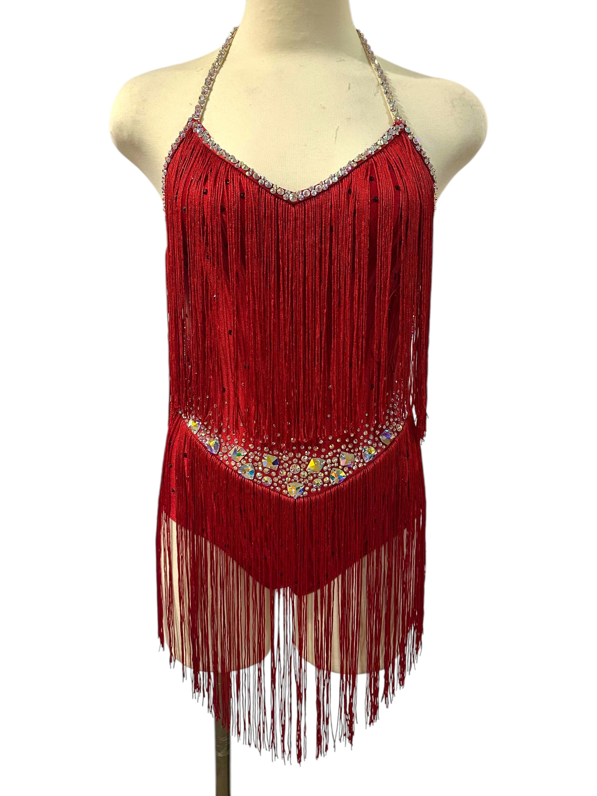 Ready-to-Ship Adult Small red fringe dance costume with crystal trim, AB statement stones, halter neckline, and full fringe detailing.