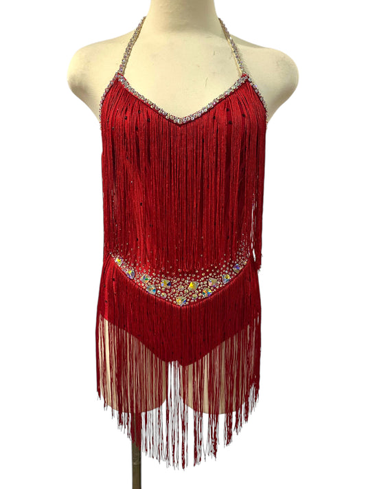 Ready-to-Ship Adult Small red fringe dance costume with crystal trim, AB statement stones, halter neckline, and full fringe detailing.