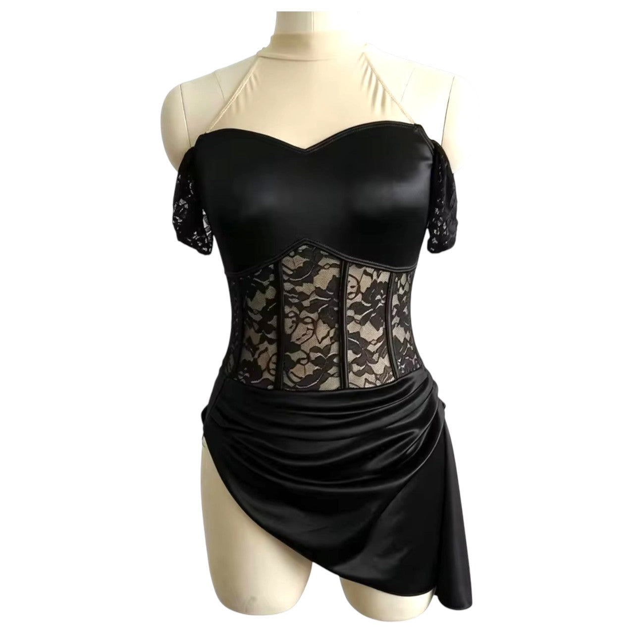 Gwendolyn Signature dance costume base in black satin and floral lace with nude illusion neckline, corset-inspired bodice, lace sleeve accents, and asymmetrical draped skirt.