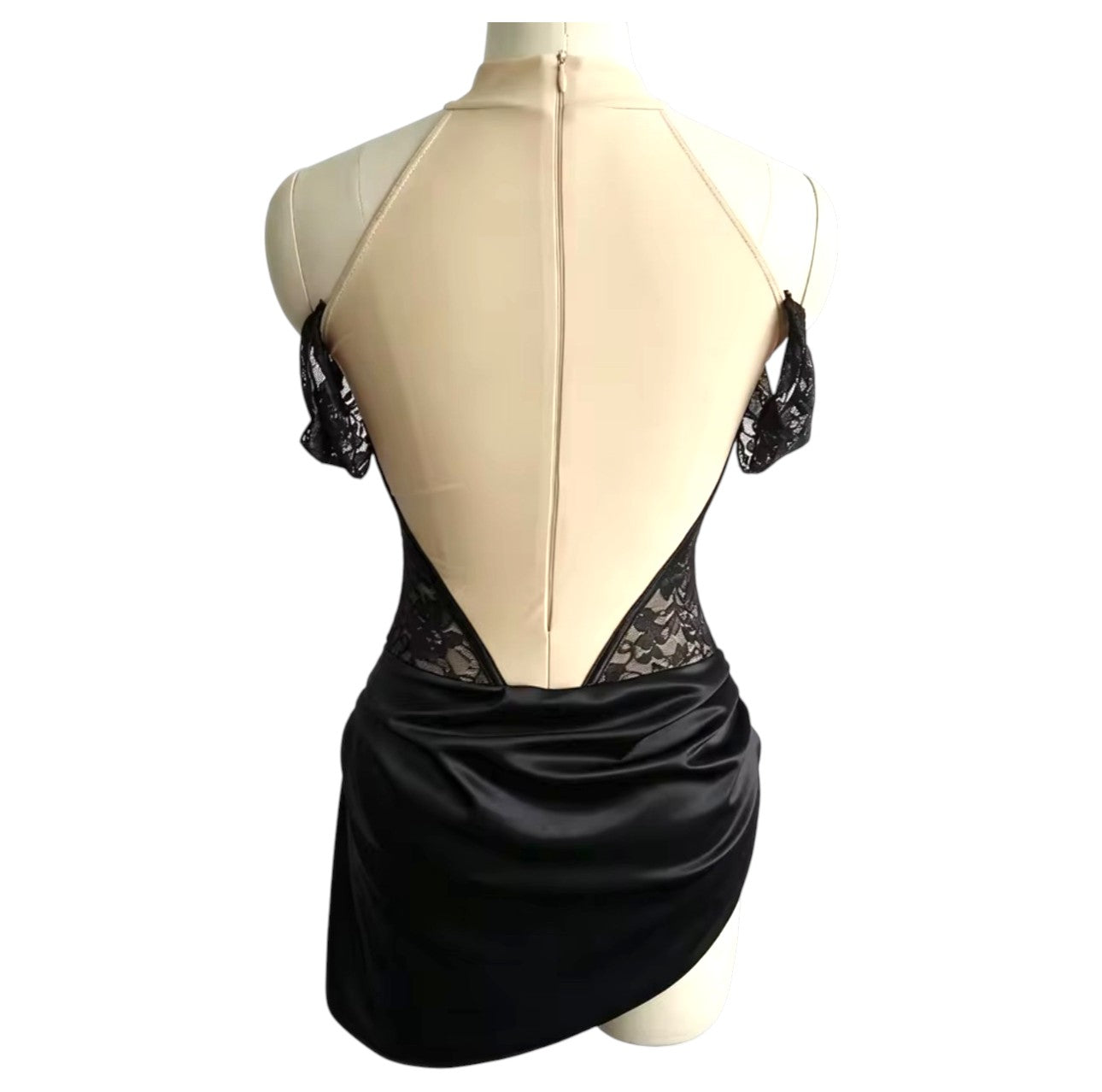 Back view of the Gwendolyn Signature dance costume base in black satin and floral lace featuring a dramatic open back, lace side panels, and draped satin skirt.