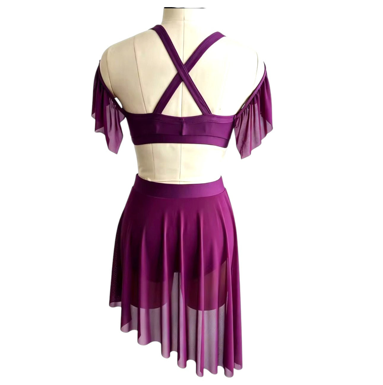 Back view of eggplant Kaliya Signature dance costume base featuring crisscross straps, flutter mesh sleeves, and flowing asymmetrical mesh skirt.