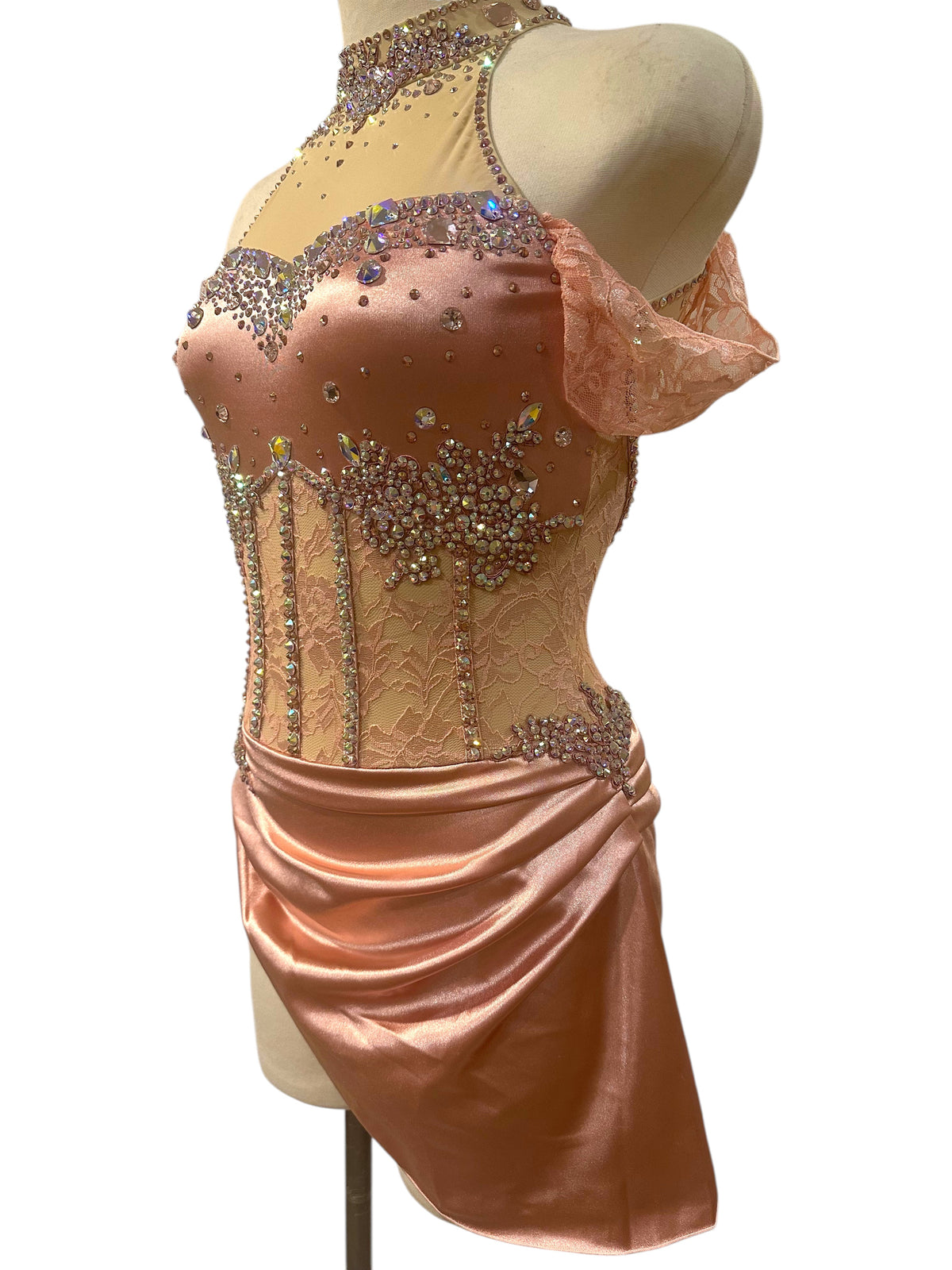 Gwendolyn Adult Small Powder Rose dance costume side view with satin bodice, floral lace corset and premium crystal embellishments