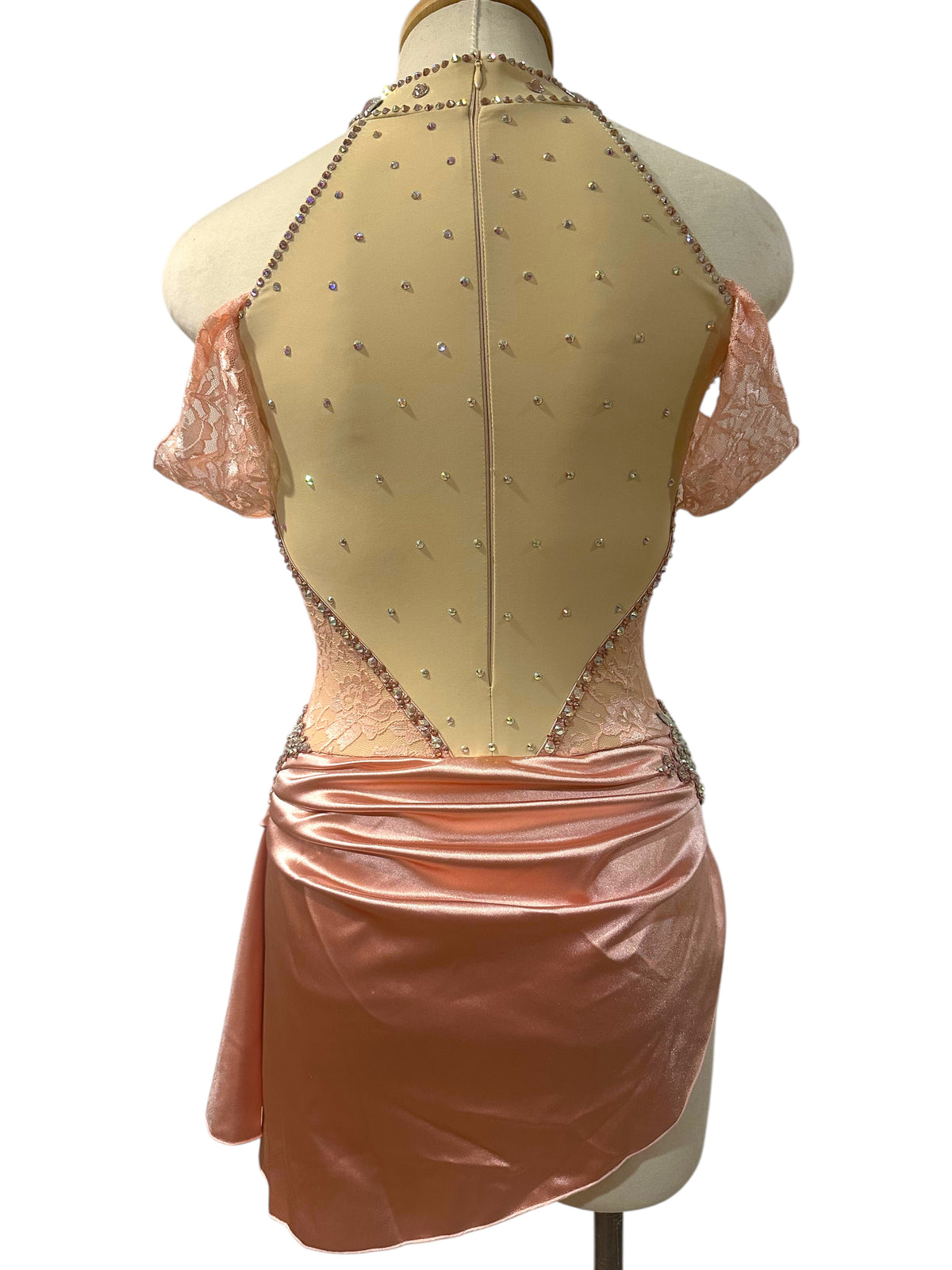 Gwendolyn Powder Rose dance costume back view with nude illusion mesh, open-back styling, floral lace panels and draped satin skirt