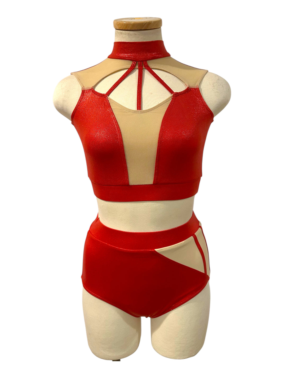 Rhiannon Designer Dance Costume Base in Red Hologram and Nude, Front View