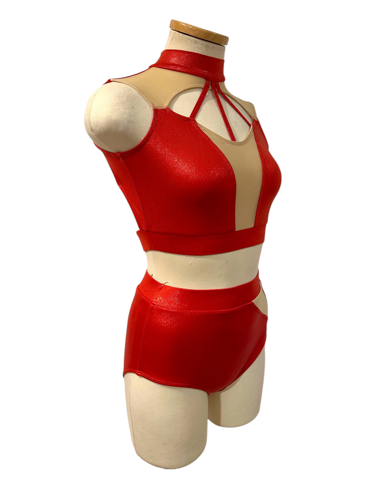 Rhiannon Hologram Dance Costume Base in Red and Nude, Angled Front View