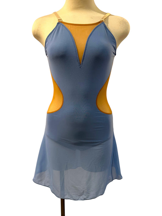 Linda lyrical dance costume base in Steel Blue with nude illusion V-neck, side cutouts, adjustable straps and flowing mesh skirt
