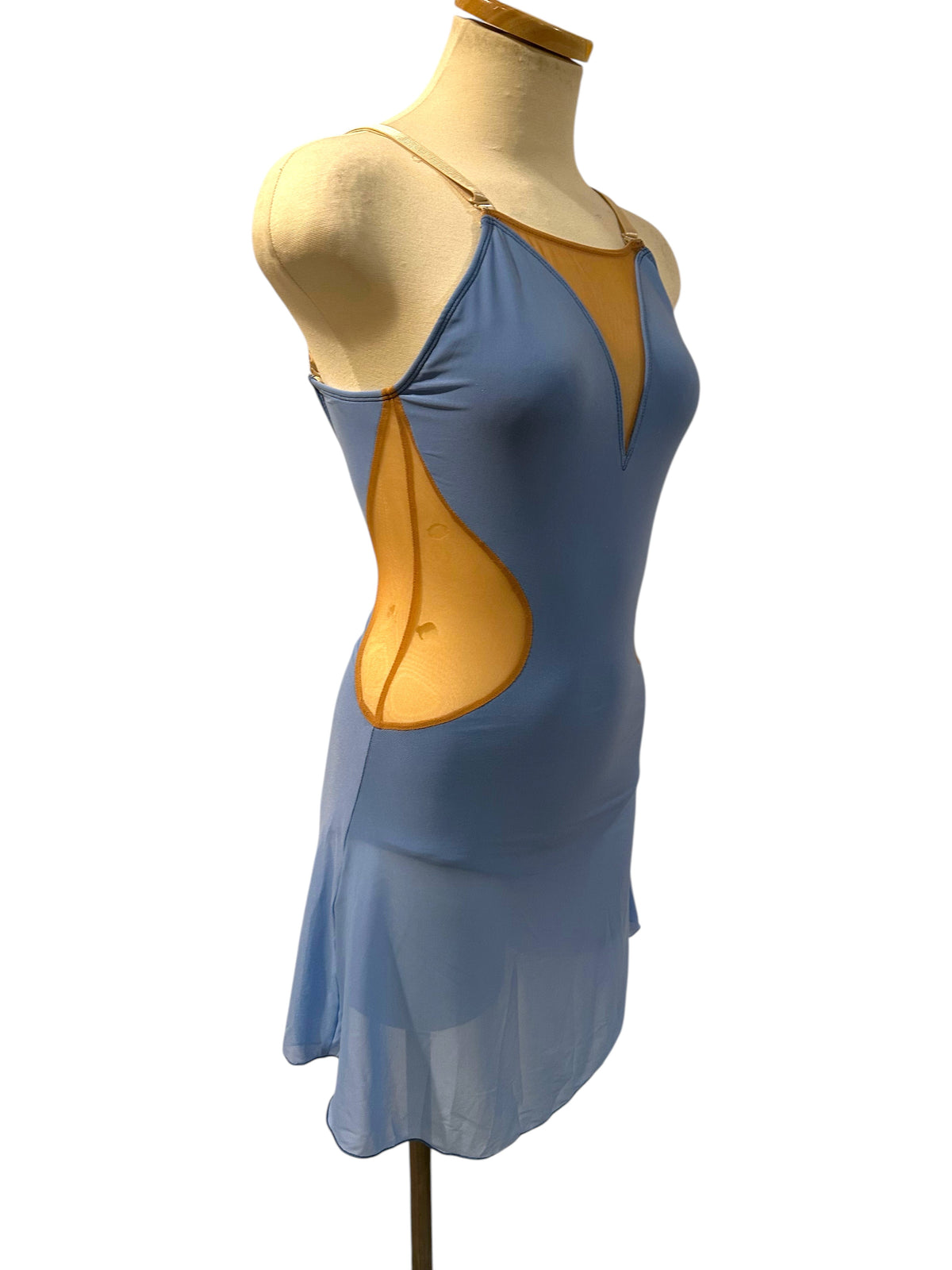 Side view of Linda Steel Blue lyrical dance costume base with nude illusion side cutout and flowing mesh skirt