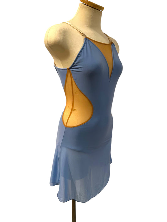 Side view of Linda Steel Blue lyrical dance costume base with nude illusion side cutout and flowing mesh skirt