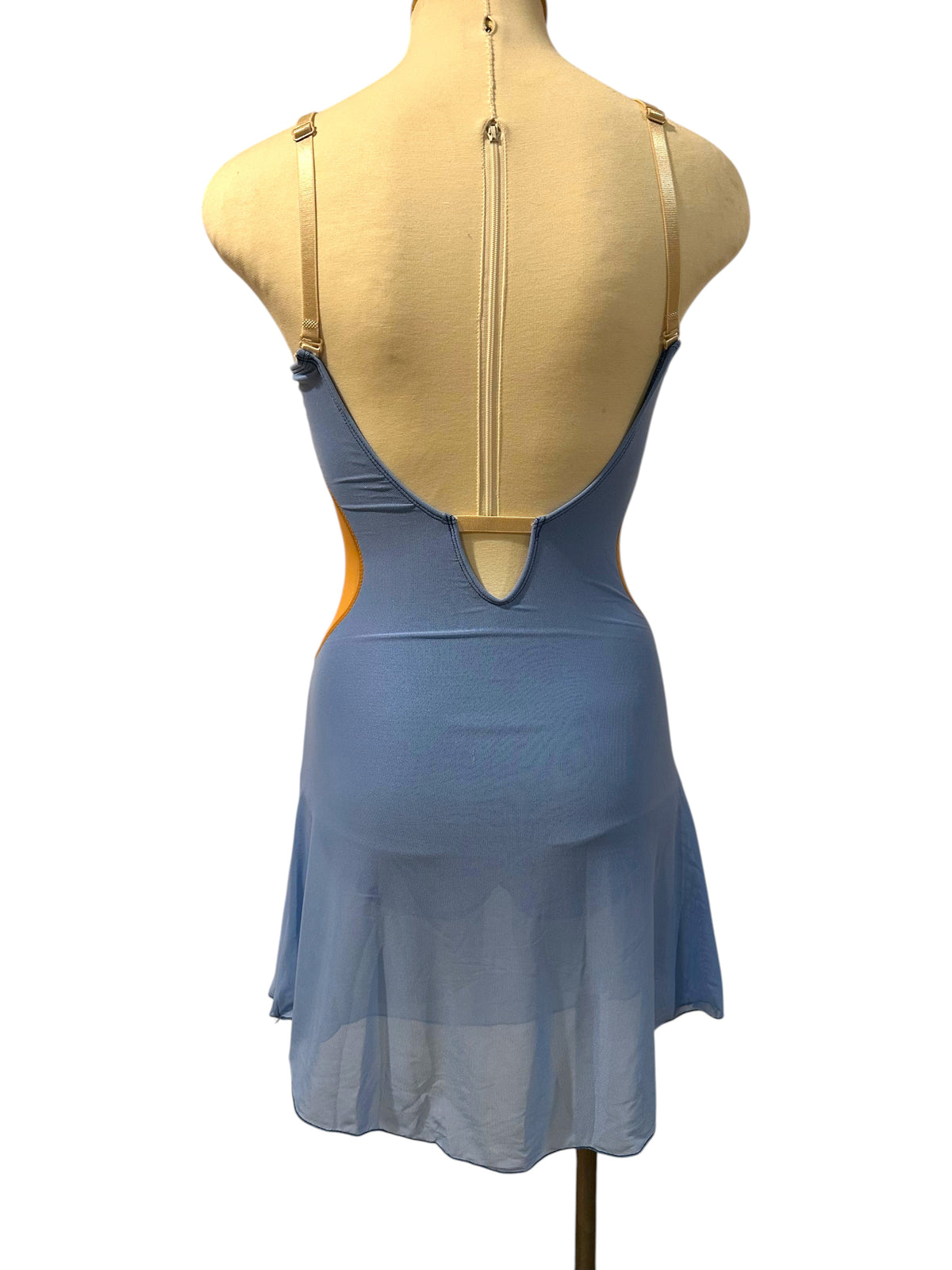Back view of Linda Steel Blue lyrical dance costume base with low open back, adjustable nude straps and flowing mesh skirt