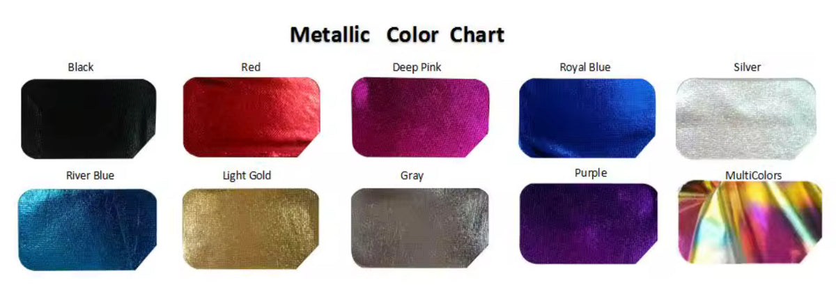 Savy dance costume base metallic color options including Black, Red, Deep Pink, Royal Blue, Silver, River Blue, Light Gold, Gray, Purple, and MultiColors
