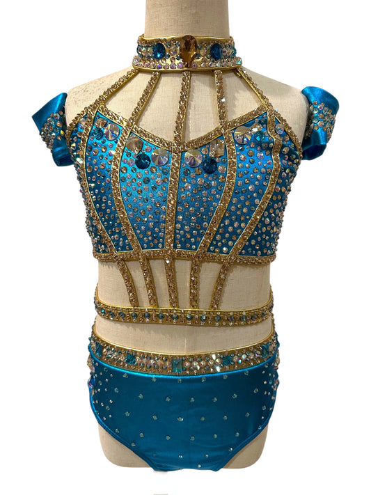 Savy blue and gold rhinestone competition dance costume front view by Elite Designs by Dawn