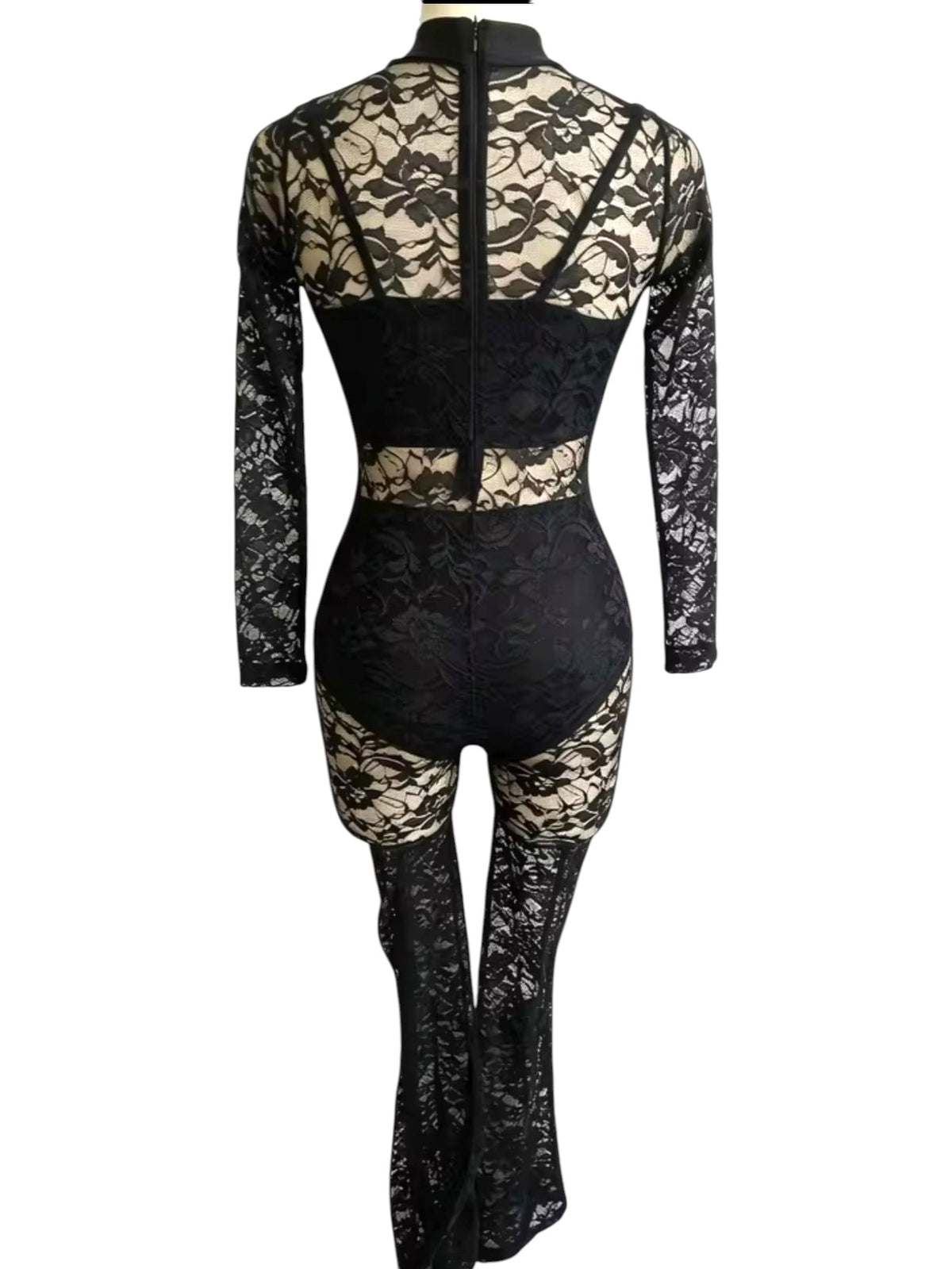 Lala three-piece black lace dance costume base back view showing floral lace unitard, long sleeves, briefs and back zipper