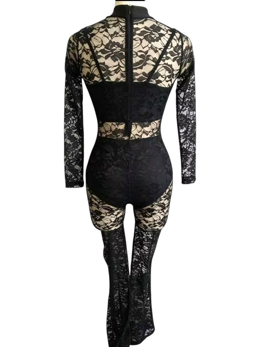 Lala three-piece black lace dance costume base back view showing floral lace unitard, long sleeves, briefs and back zipper