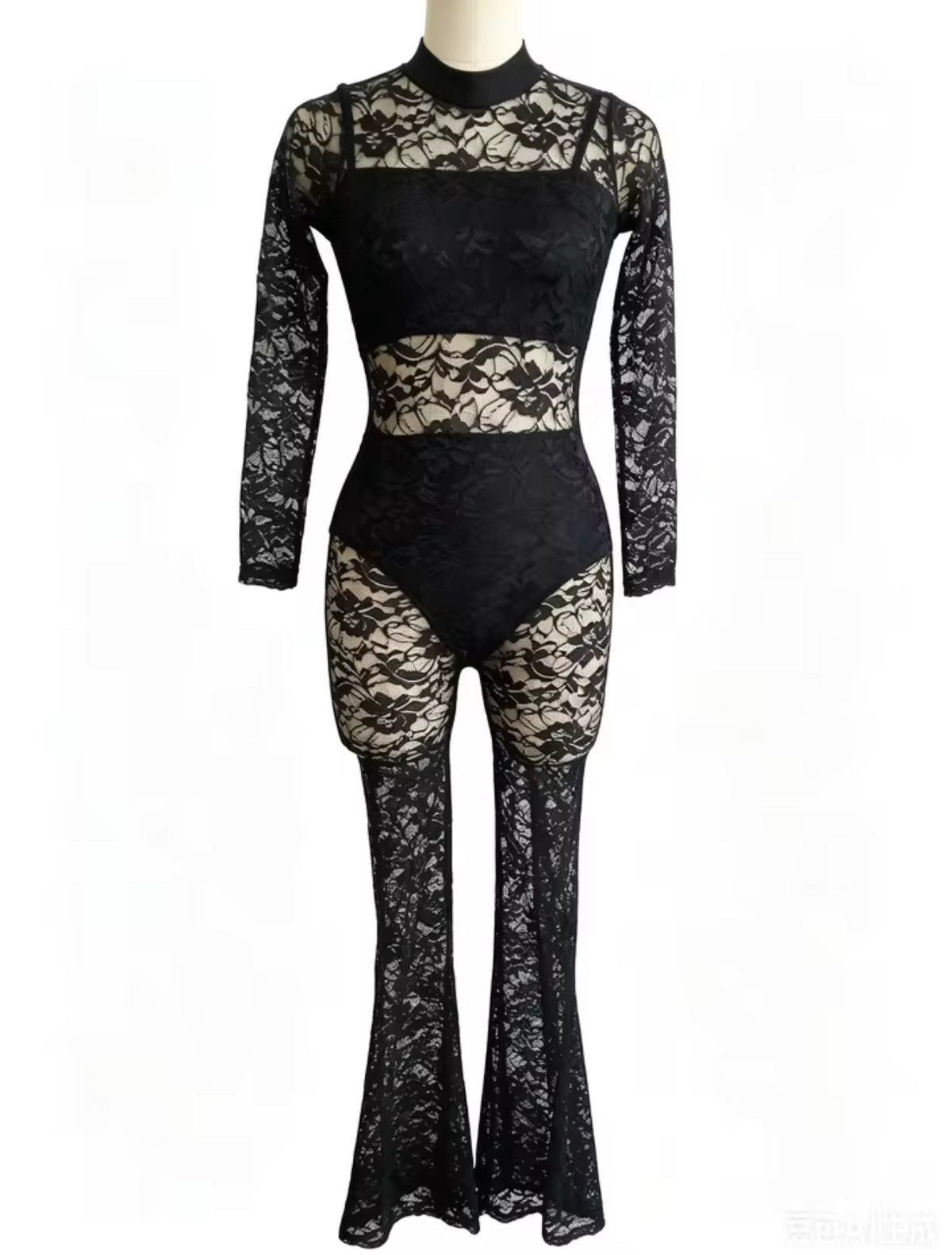 Lala three-piece black lace dance costume base front view with long sleeves, high neckline, crop top, briefs and flared lace legs
