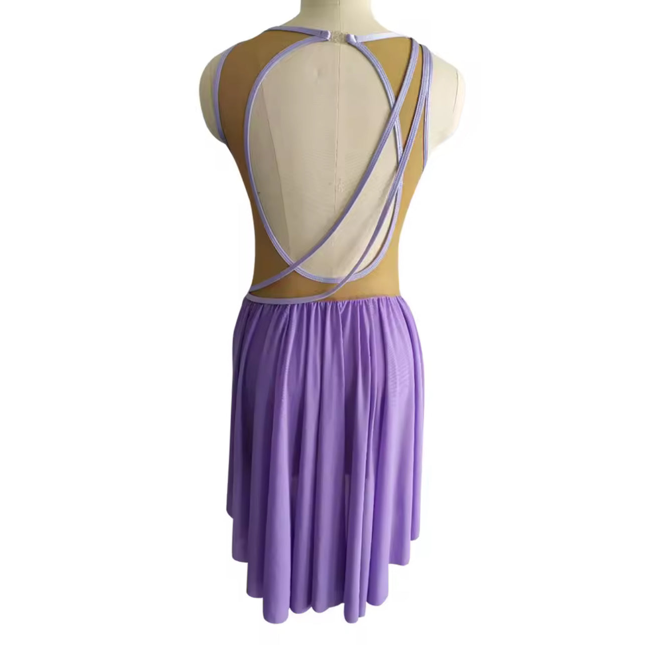 Back view of lavender Sammie Base dance costume with open-back competition costume design