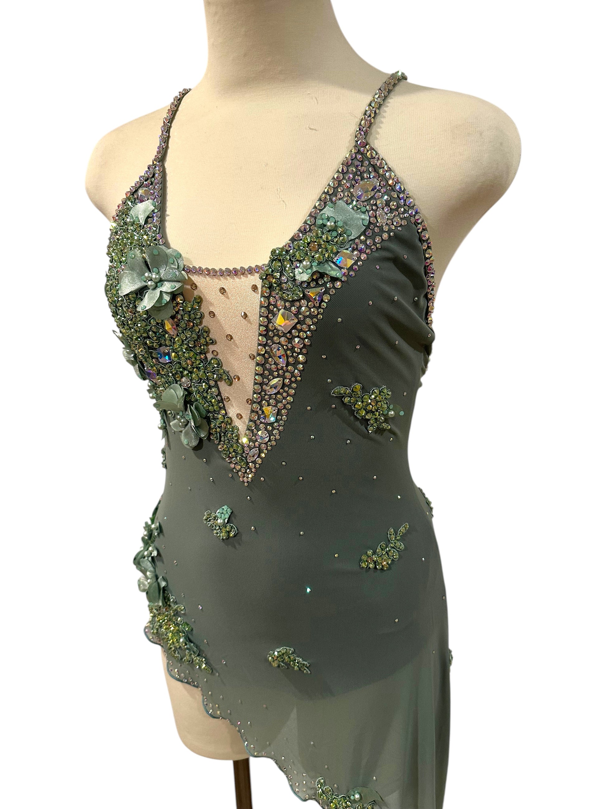 Side view of ready-to-ship olive green dance costume showcasing rhinestone embellishments and contemporary performance styling.