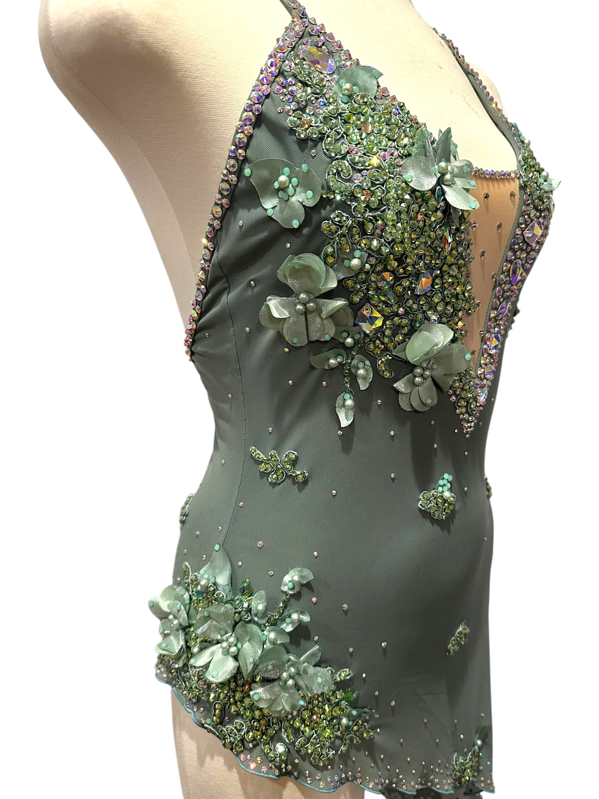 Right Side view of ready-to-ship olive green dance costume showcasing rhinestone embellishments and contemporary performance styling.