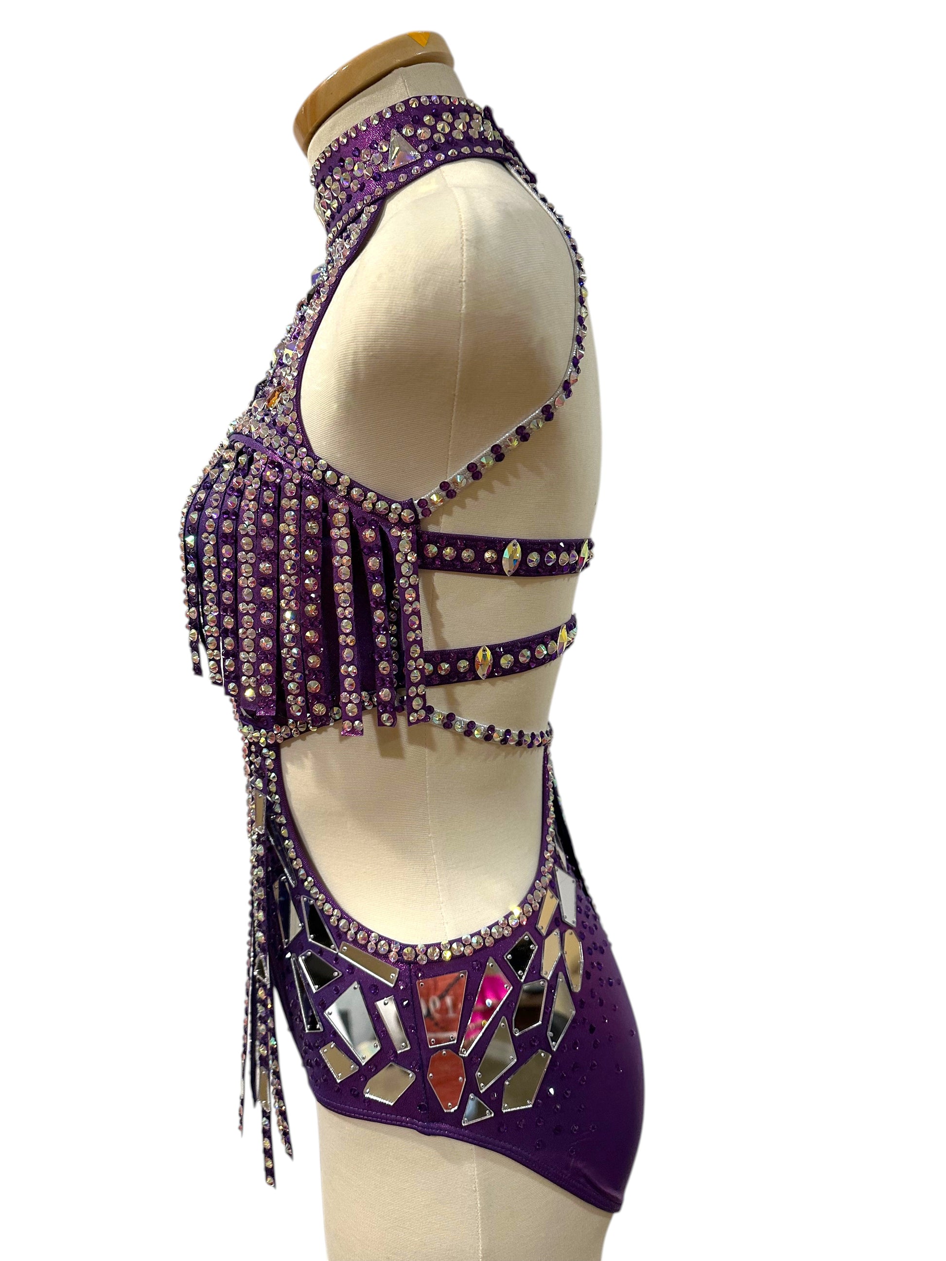 Adult Small hologram purple dance costume showcasing side cutouts, mirror accents, and premium rhinestone detailing.