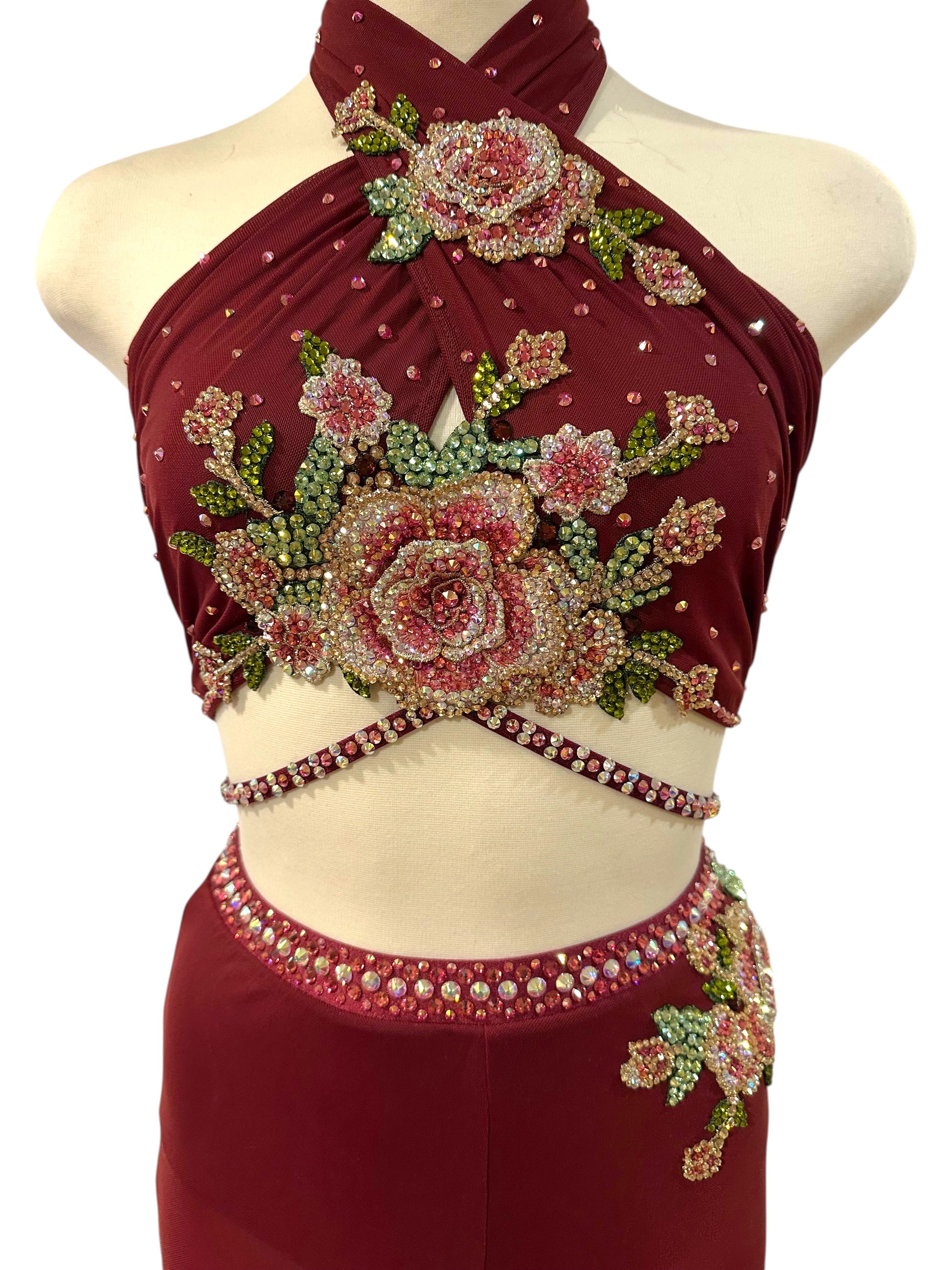 Ready-to-ship burgundy 2-piece dance costume Adult Small front detail view
