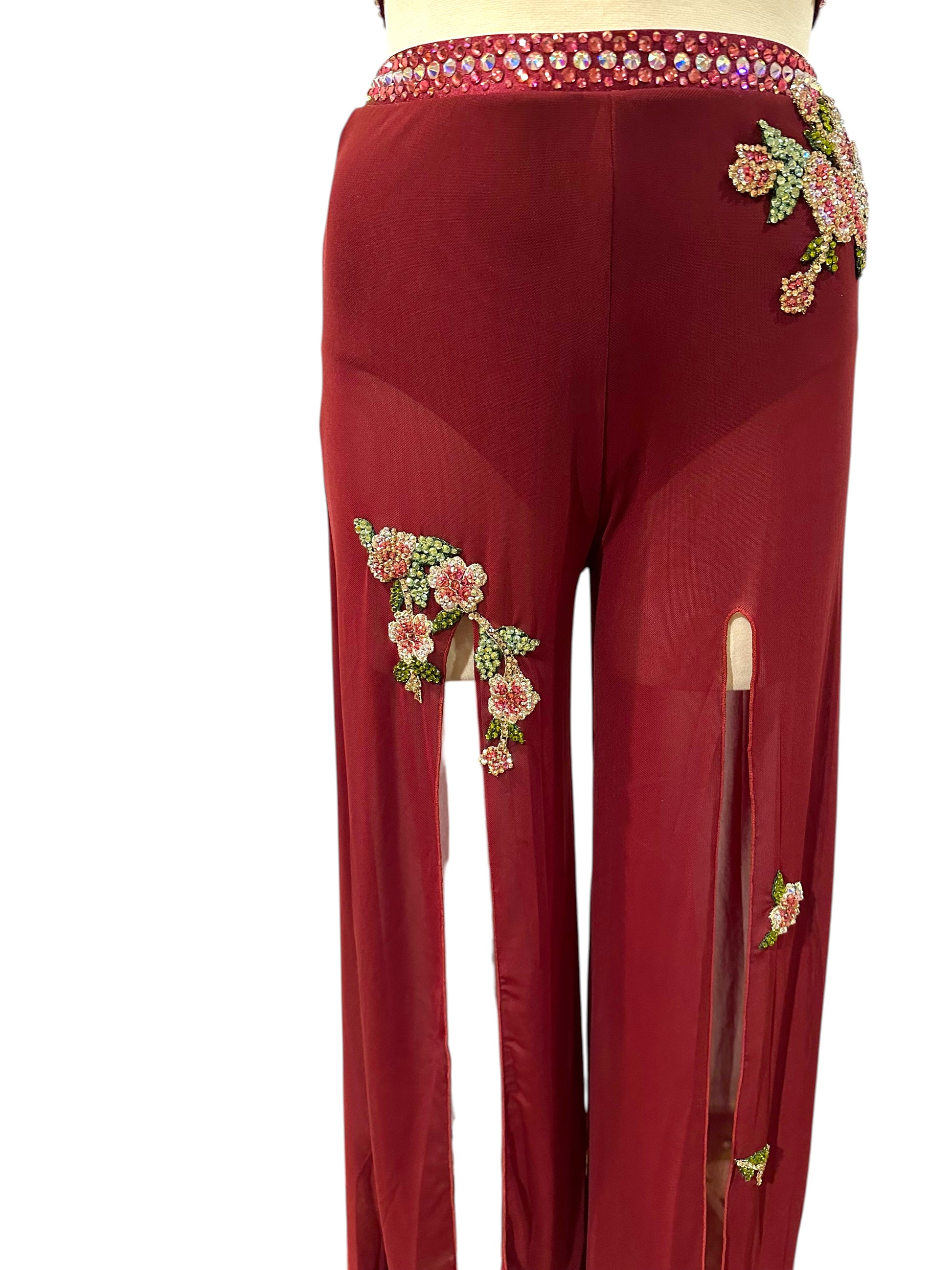 Ready-to-ship burgundy dance costume Adult Small mesh pant detail with rhinestone appliqué
