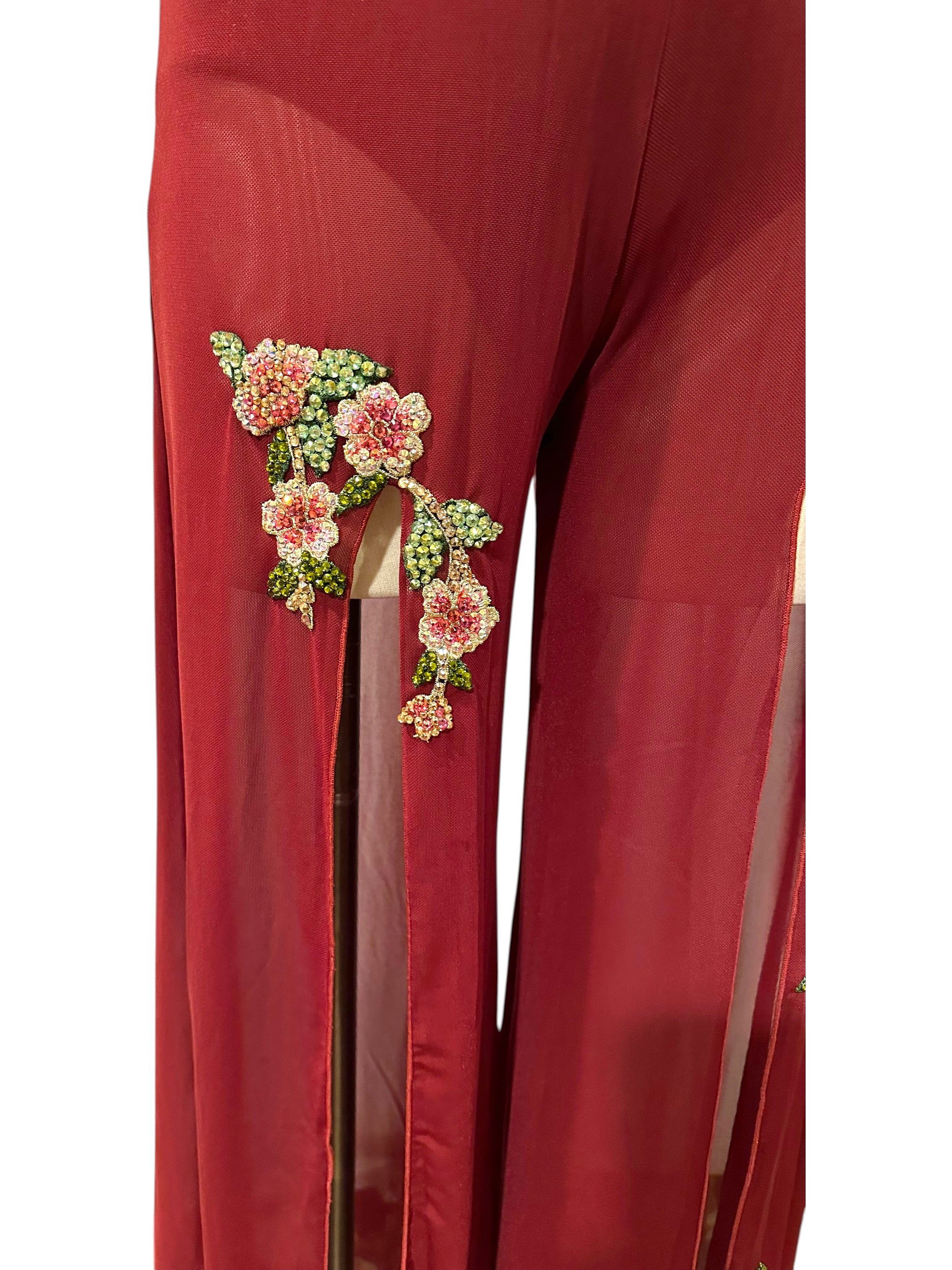 Ready-to-ship burgundy dance costume Adult Small side detail with floral rhinestone appliqué