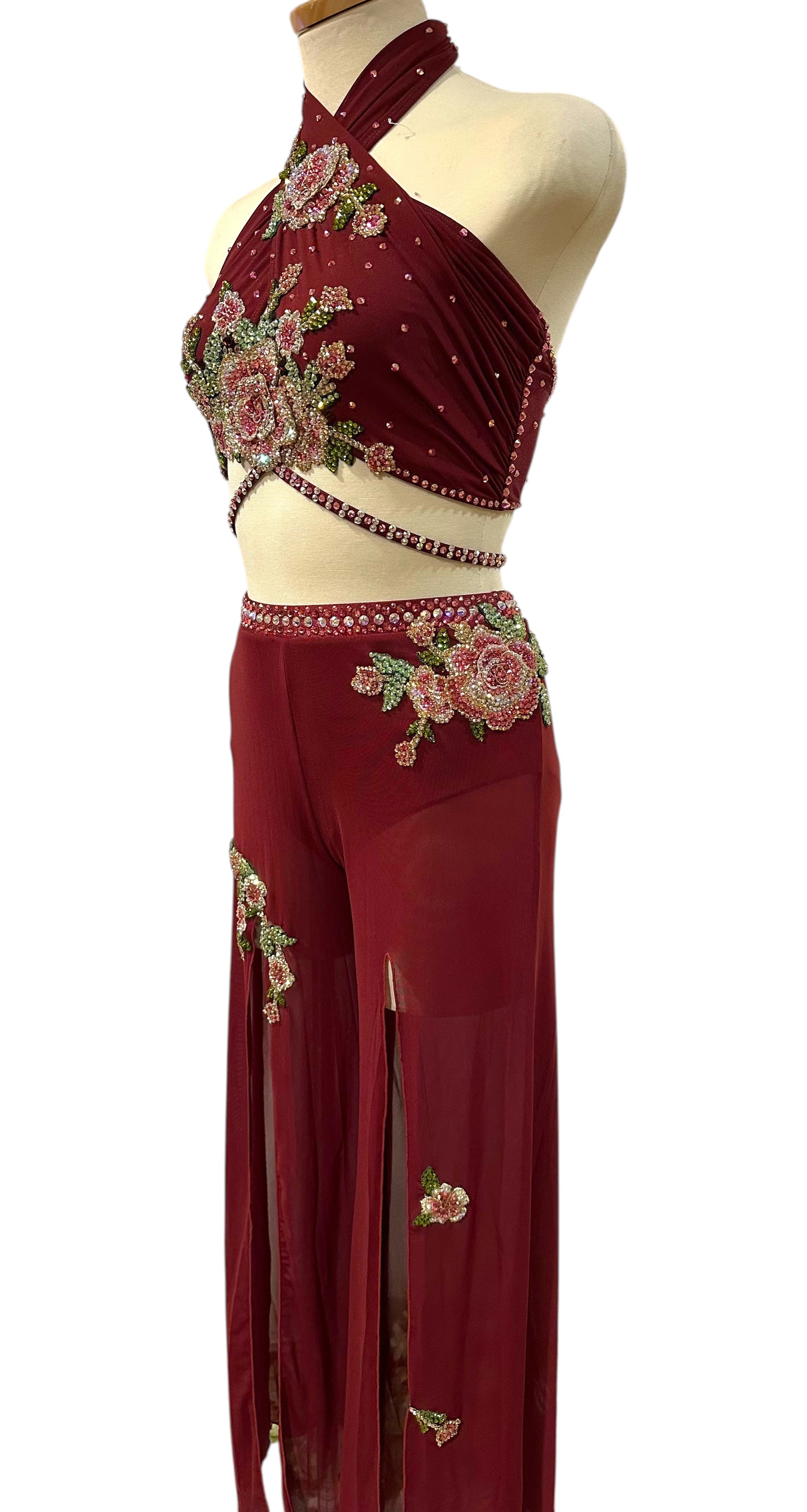 Ready-to-ship burgundy 2-piece dance costume Adult Small side view