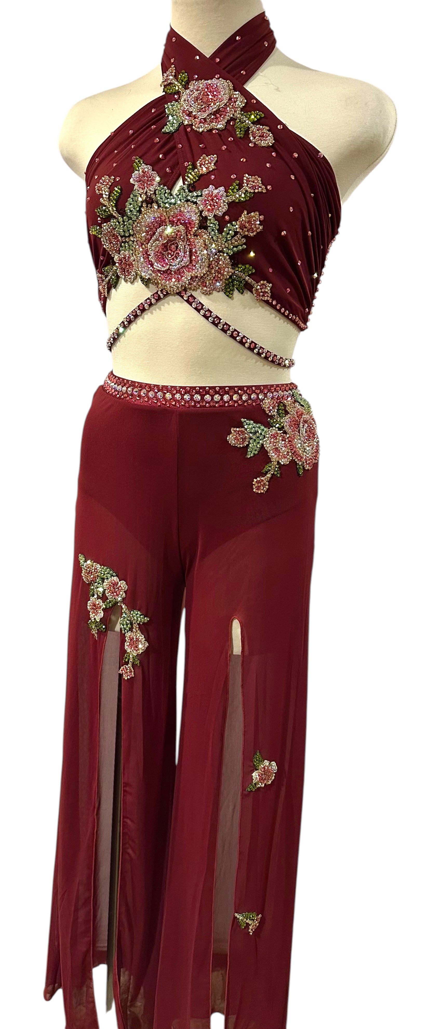 Ready-to-ship burgundy 2-piece dance costume Adult Small front angle view