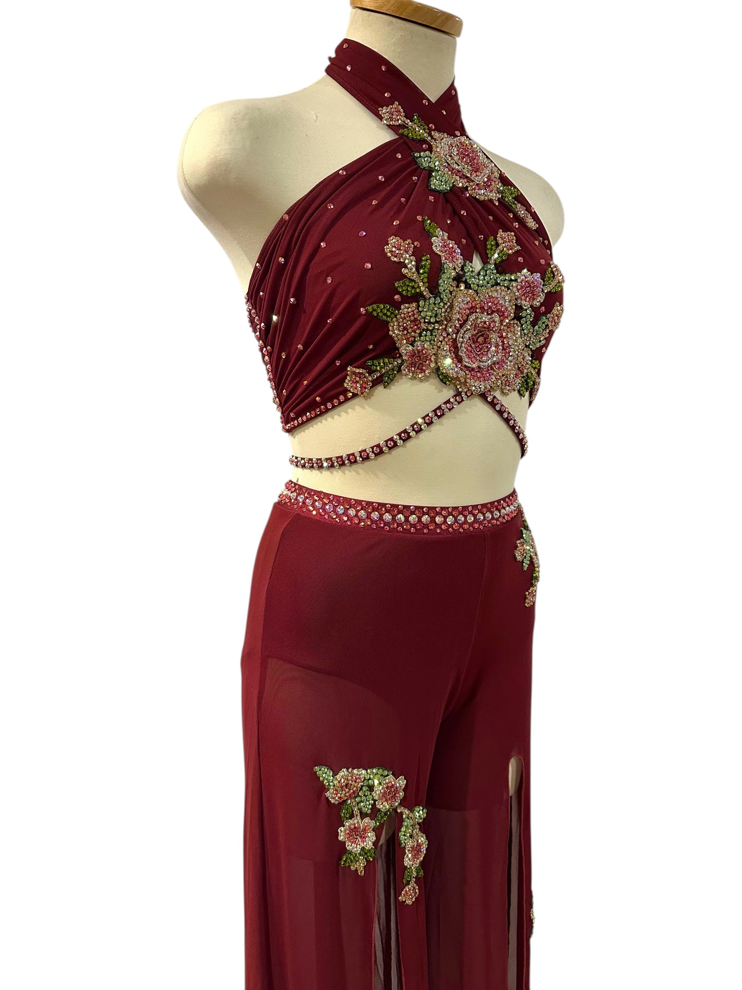 Ready-to-ship burgundy 2-piece dance costume Adult Small rear angle view