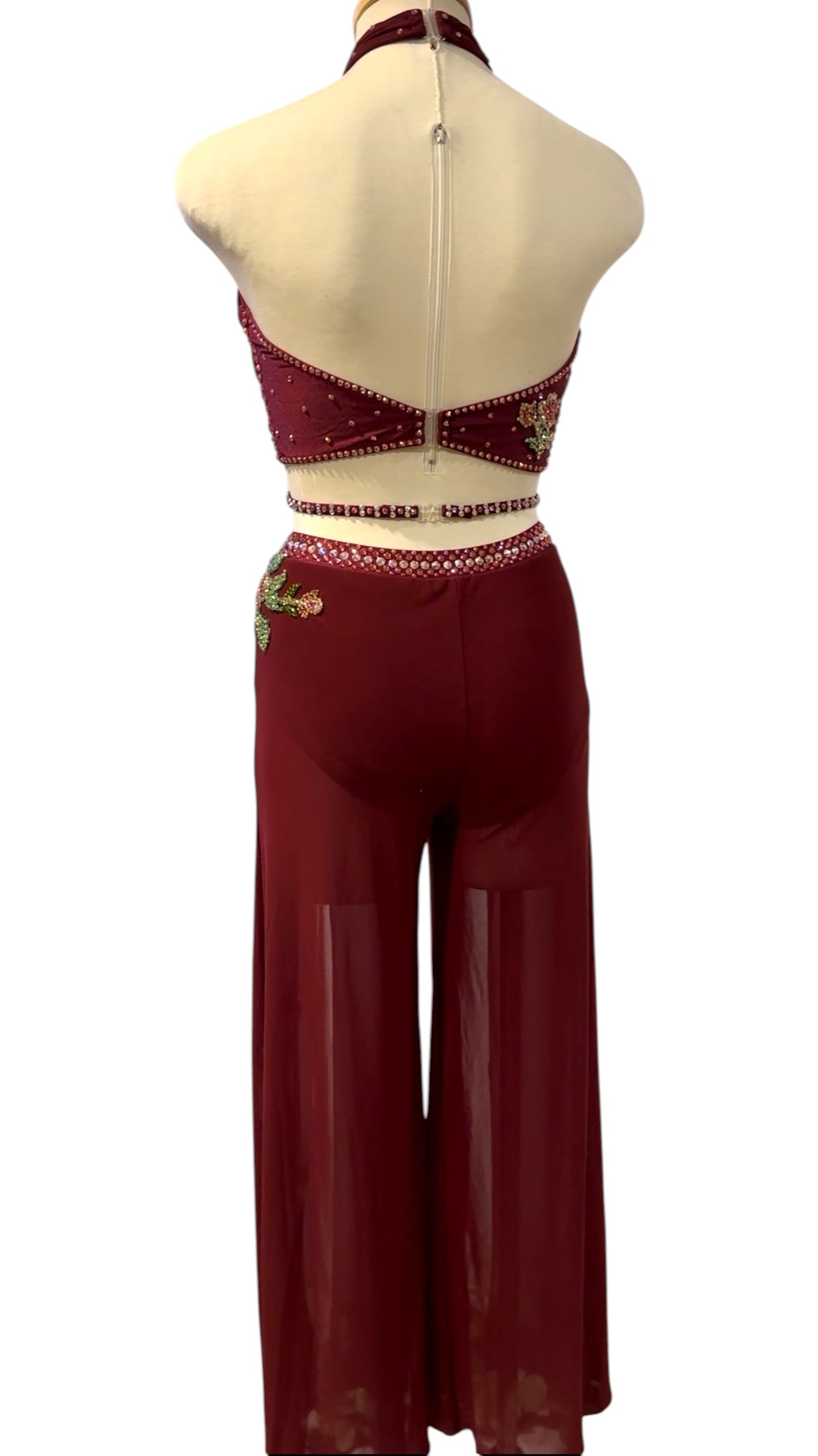 Ready-to-ship burgundy 2-piece dance costume Adult Small back view featuring open-back design, rhinestone details, and flowing mesh pants