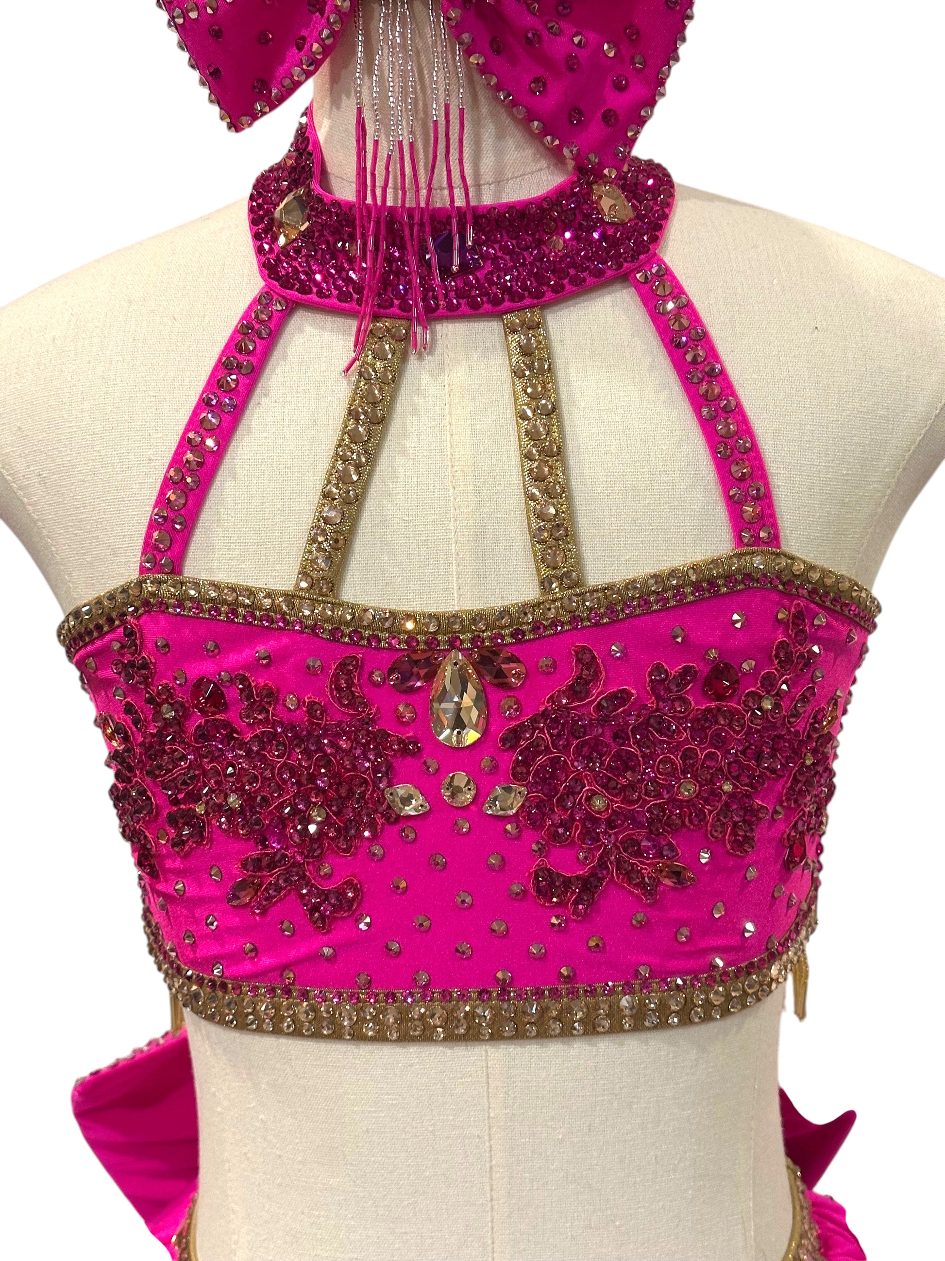 Close-up of hot pink and gold dance costume featuring rhinestone embellishments, high-neck styling, and vibrant stage-ready details.