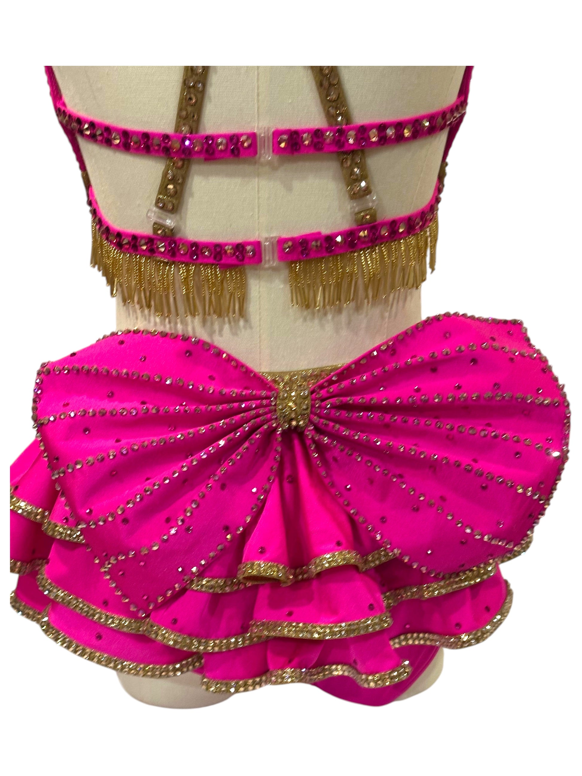 Back detail of hot pink and gold dance costume highlighting layered skirt construction and stage performance styling.