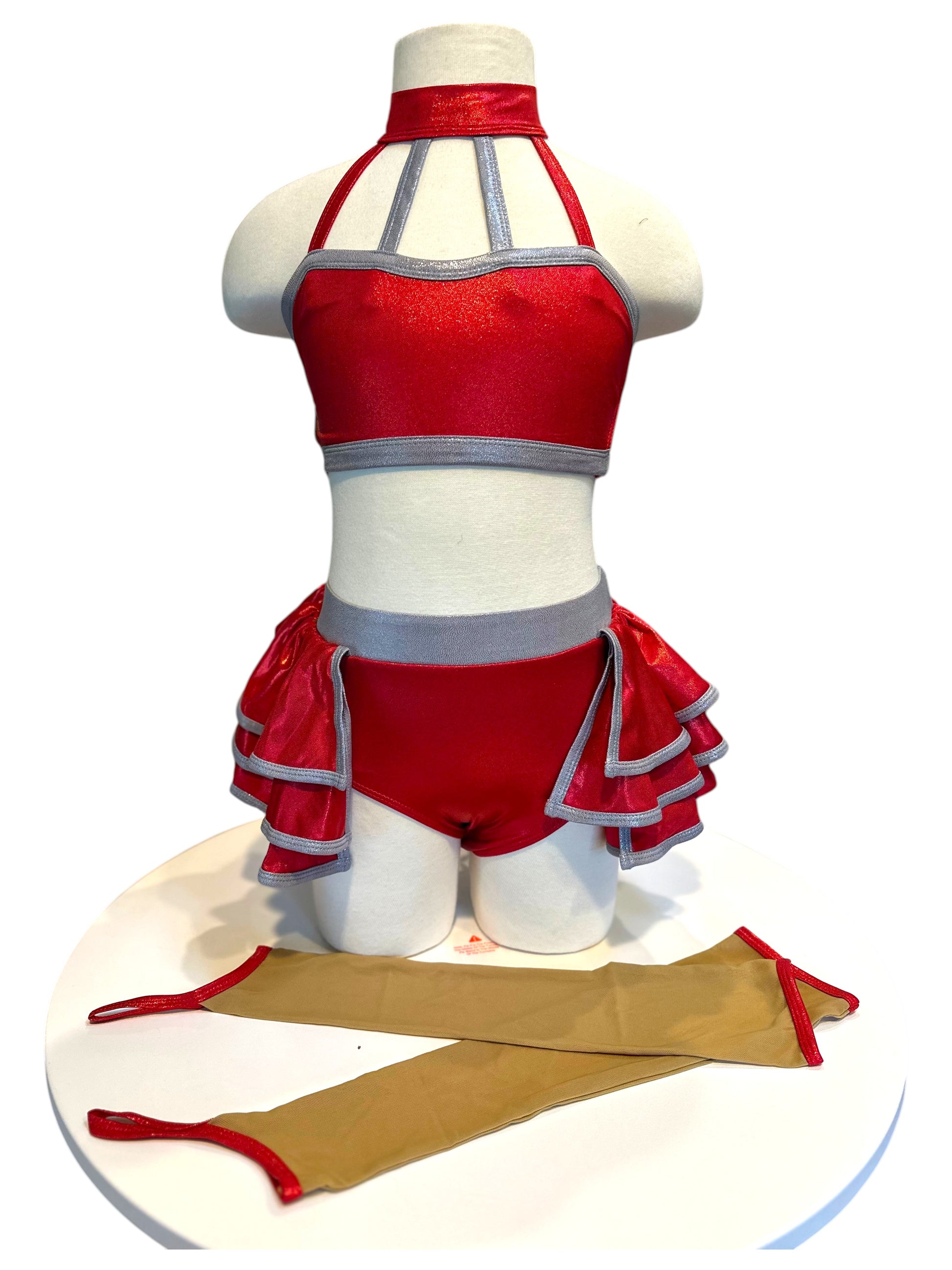 KiKi Base hologram dance costume in red and silver colorway with high-neck design